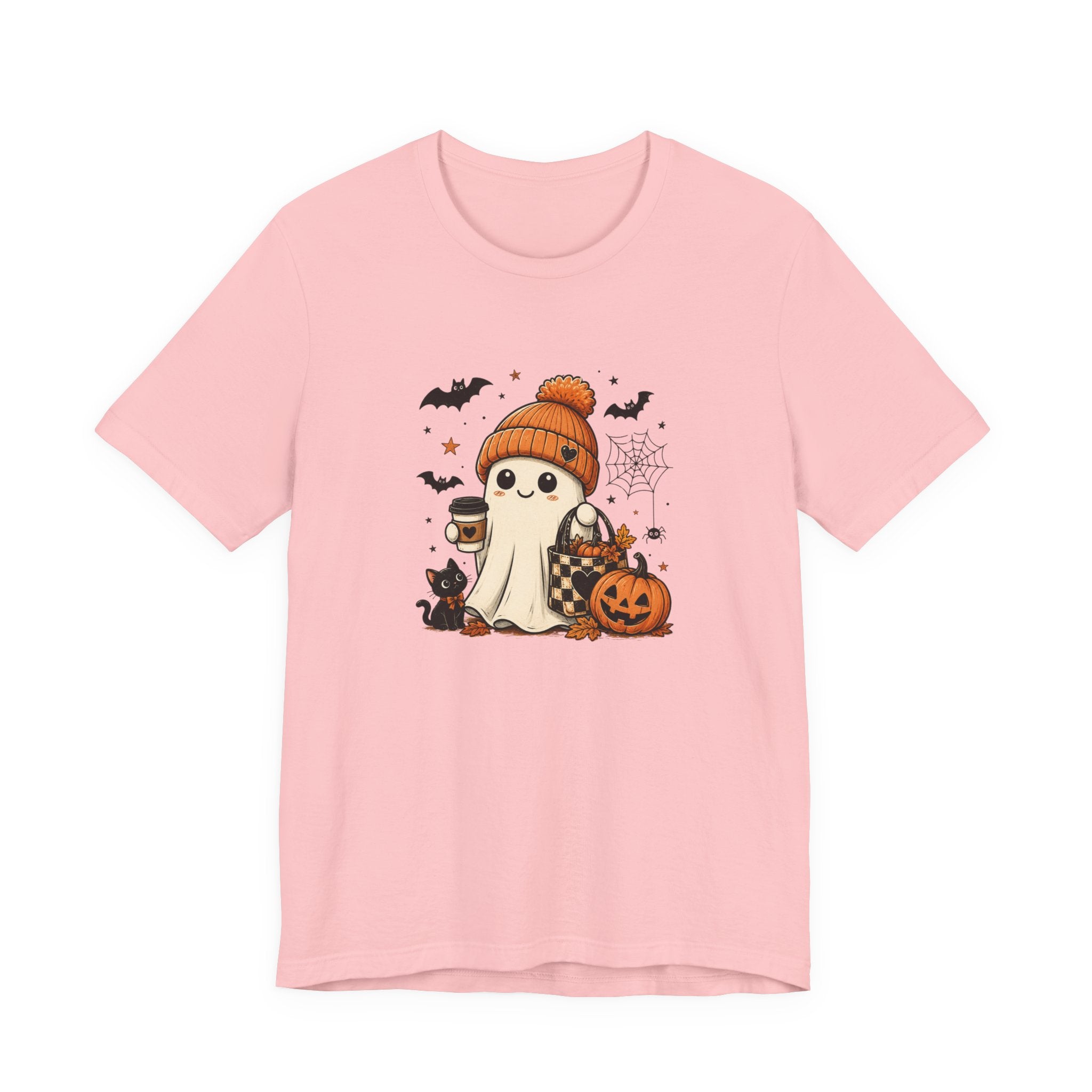 Halloween Ghost Tee – Cute Pumpkin, Black Cat & Coffee Fall Graphic T-Shirt