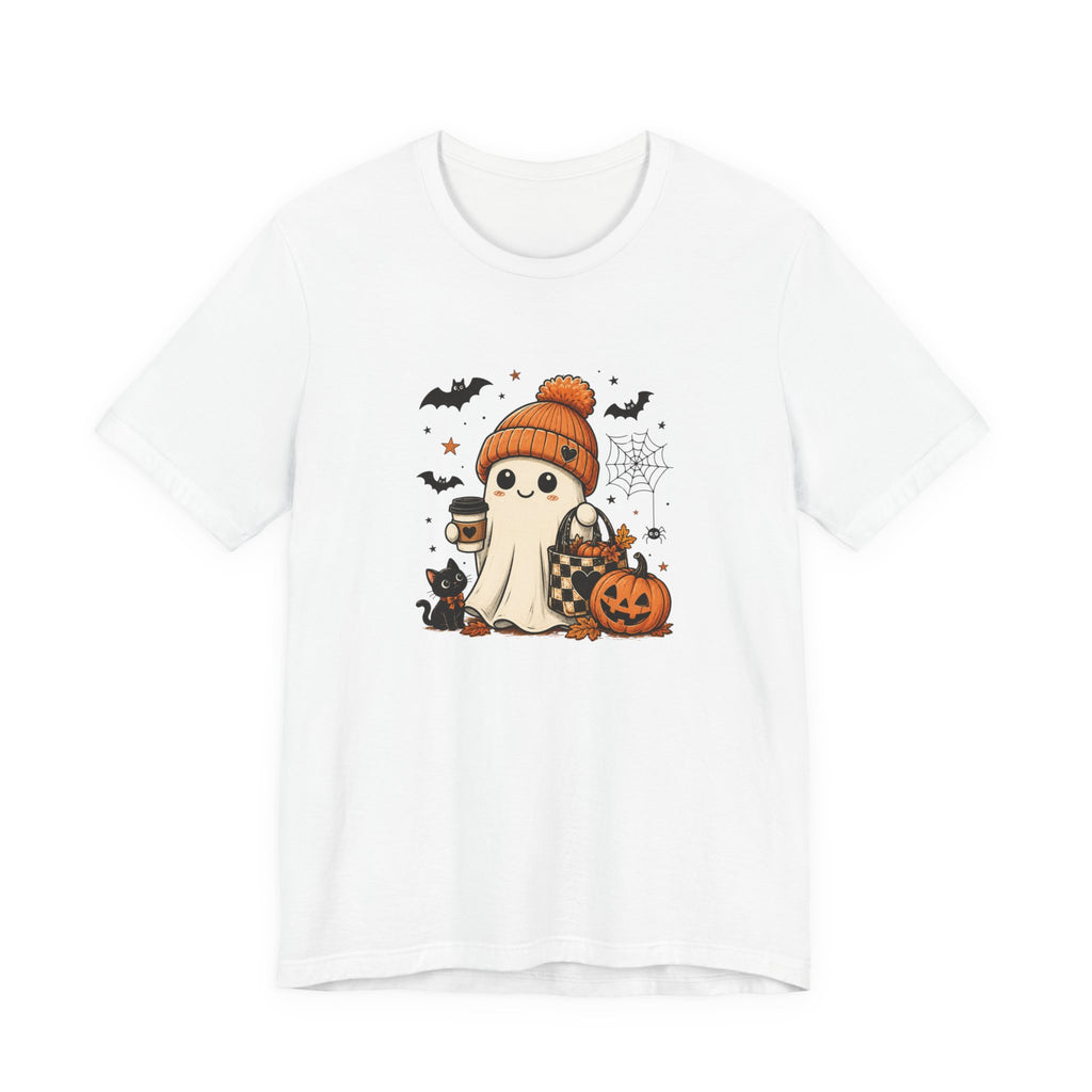 Halloween Ghost Tee – Cute Pumpkin, Black Cat & Coffee Fall Graphic T-Shirt