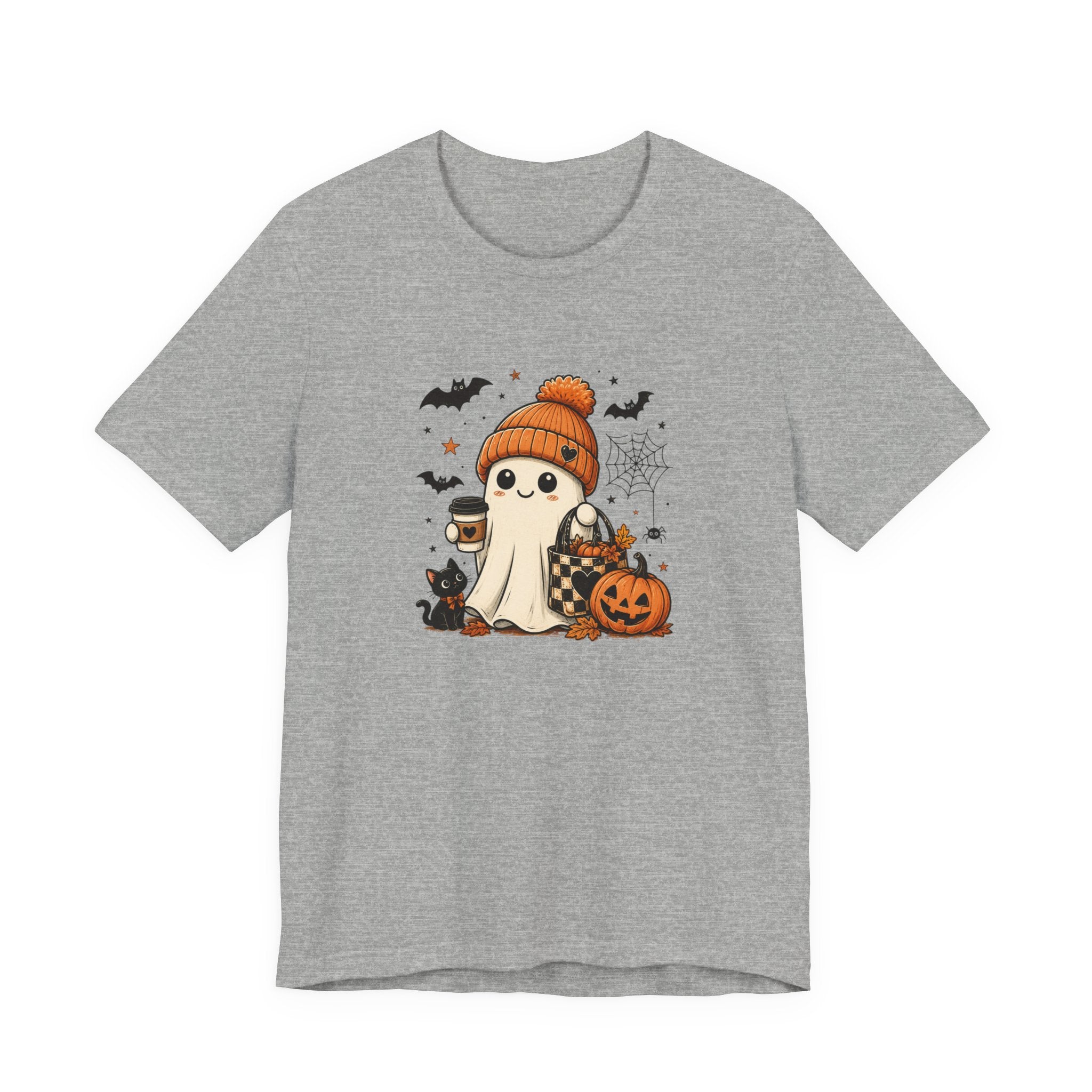 Halloween Ghost Tee – Cute Pumpkin, Black Cat & Coffee Fall Graphic T-Shirt