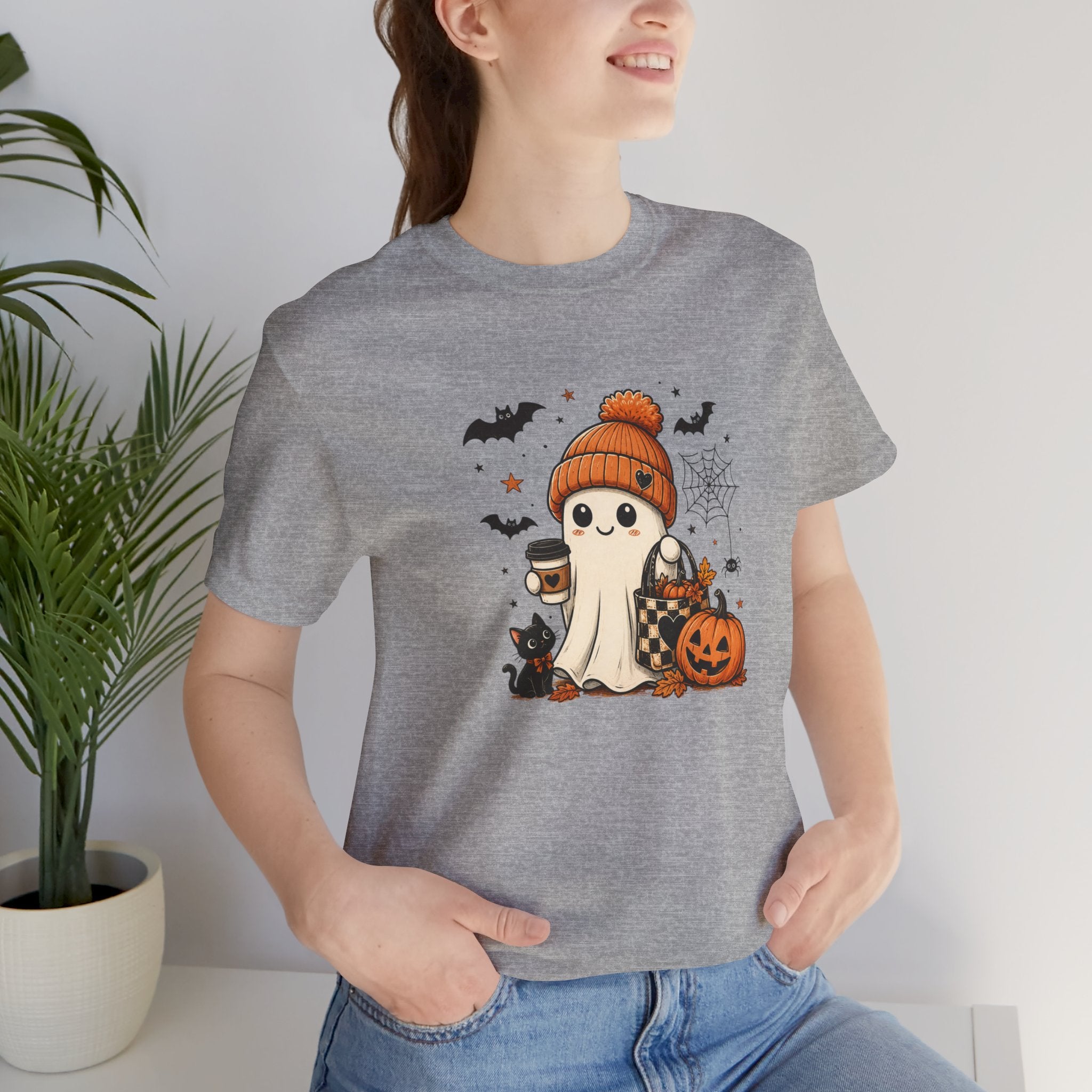 Halloween Ghost Tee – Cute Pumpkin, Black Cat & Coffee Fall Graphic T-Shirt