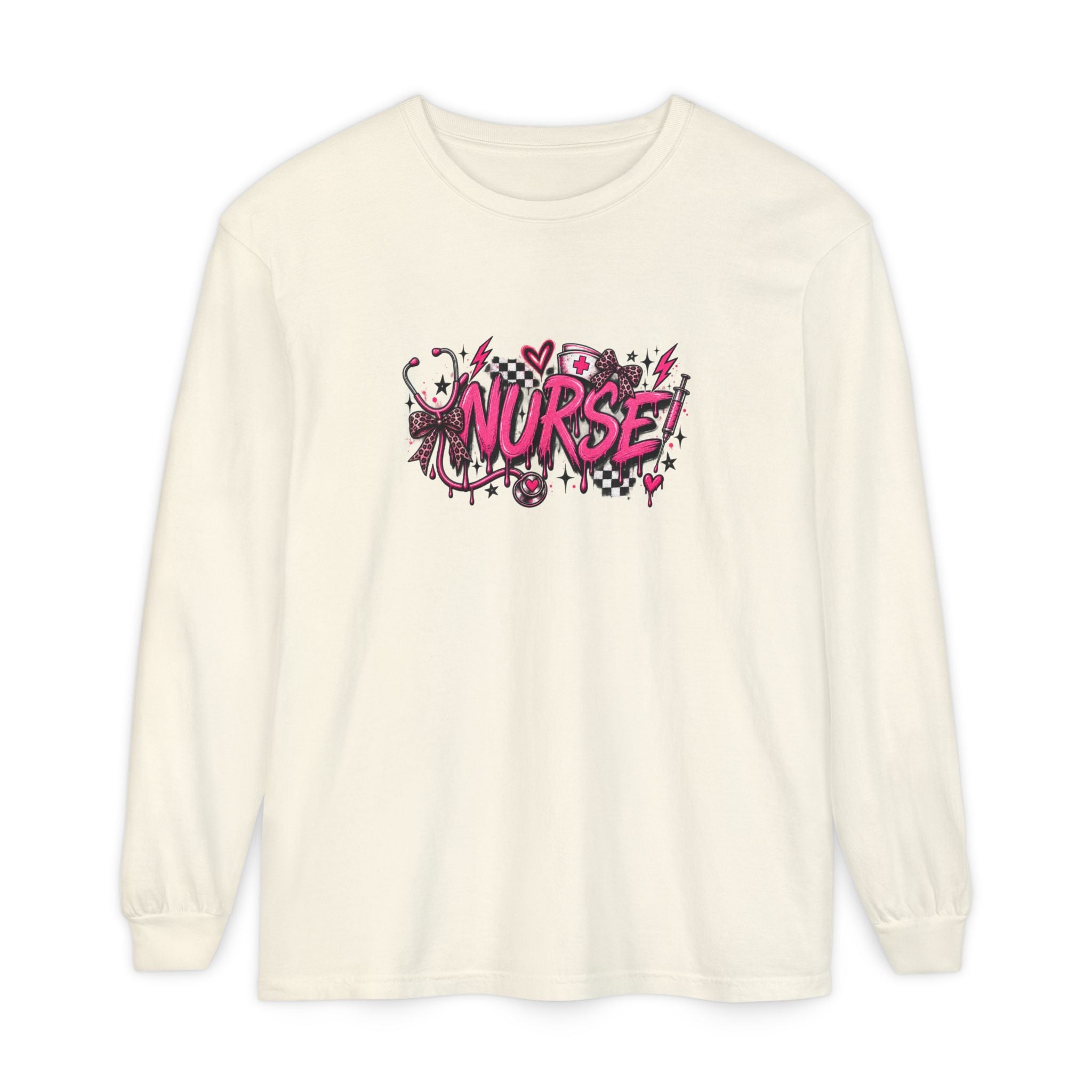 Nurse Comic-Style Long Sleeve Tee — Pink Graphic Nursing Shirt