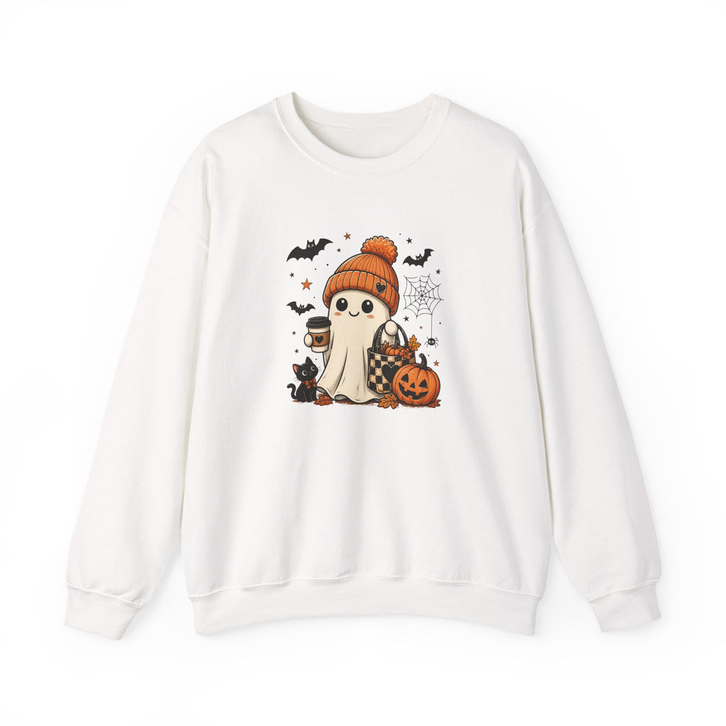 Halloween Ghost Sweatshirt — Cute Ghost with Pumpkin, Black Cat & Coffee