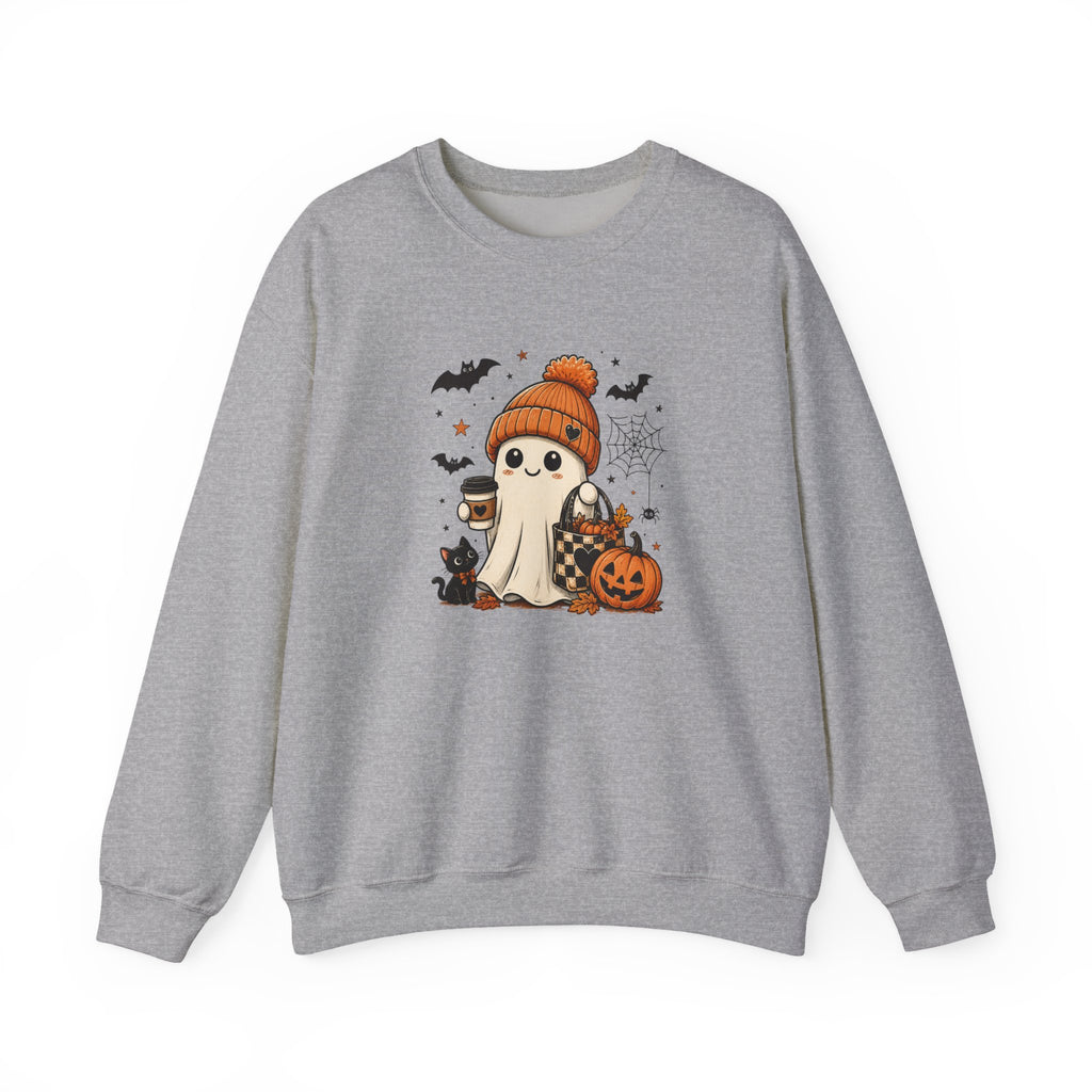 Halloween Ghost Sweatshirt — Cute Ghost with Pumpkin, Black Cat & Coffee