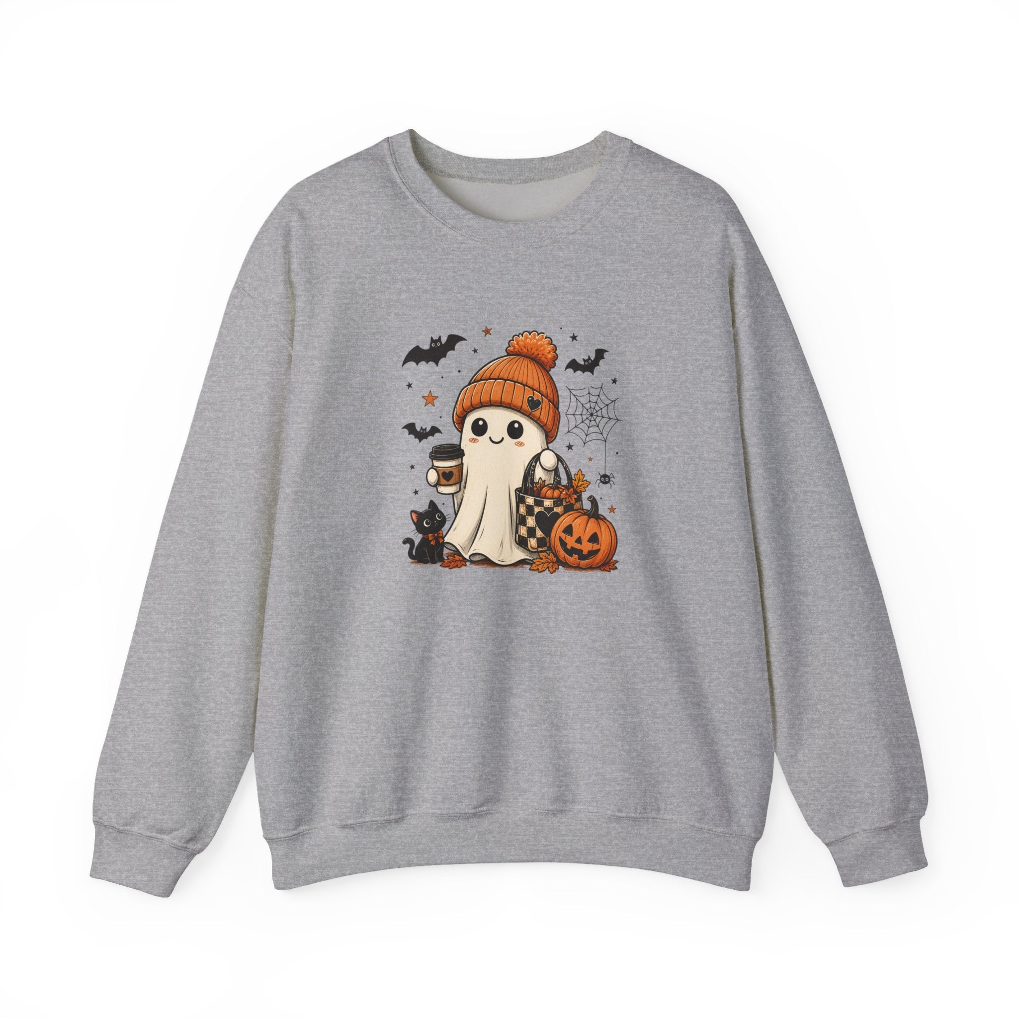 Halloween Ghost Sweatshirt — Cute Ghost with Pumpkin, Black Cat & Coffee