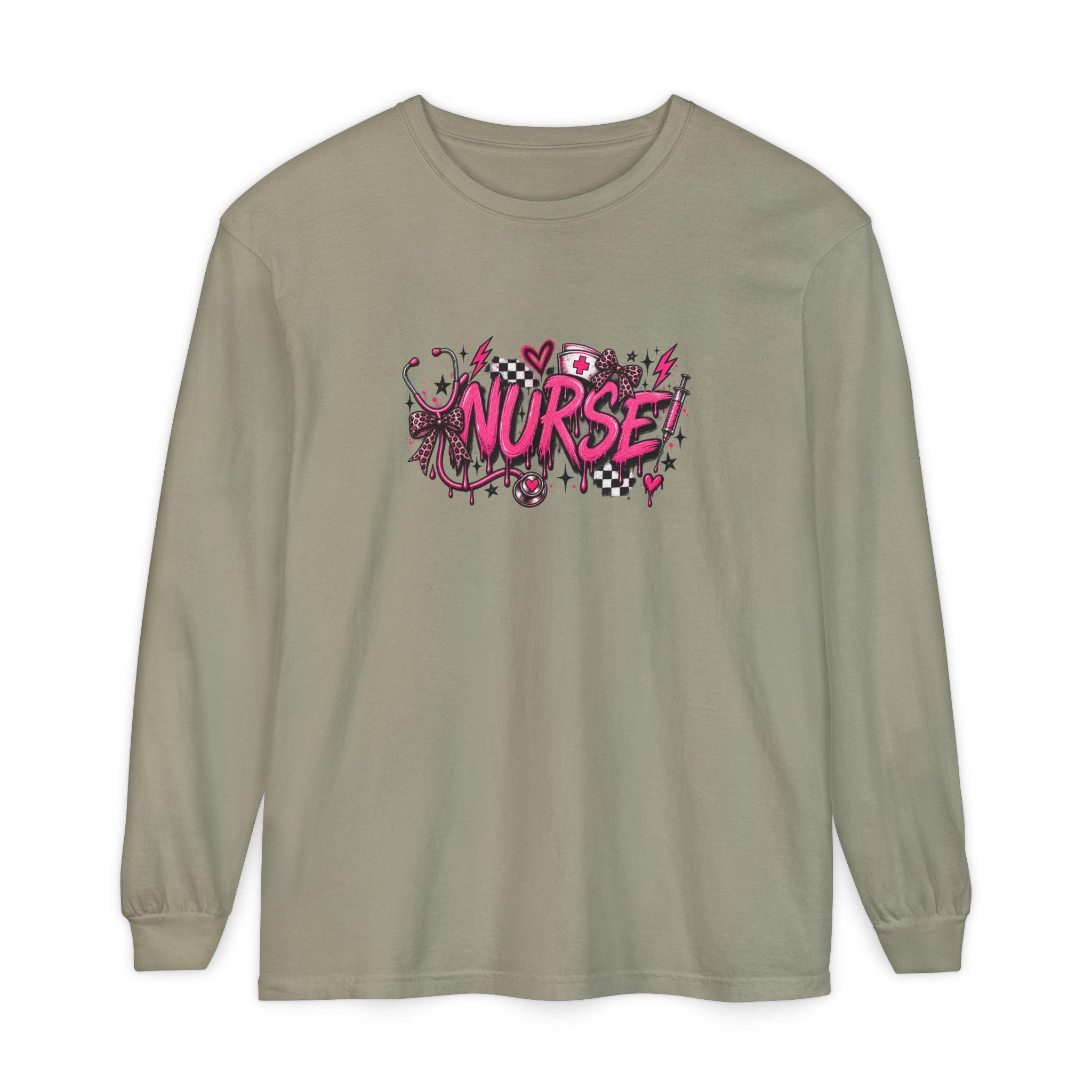 Nurse Comic-Style Long Sleeve Tee — Pink Graphic Nursing Shirt