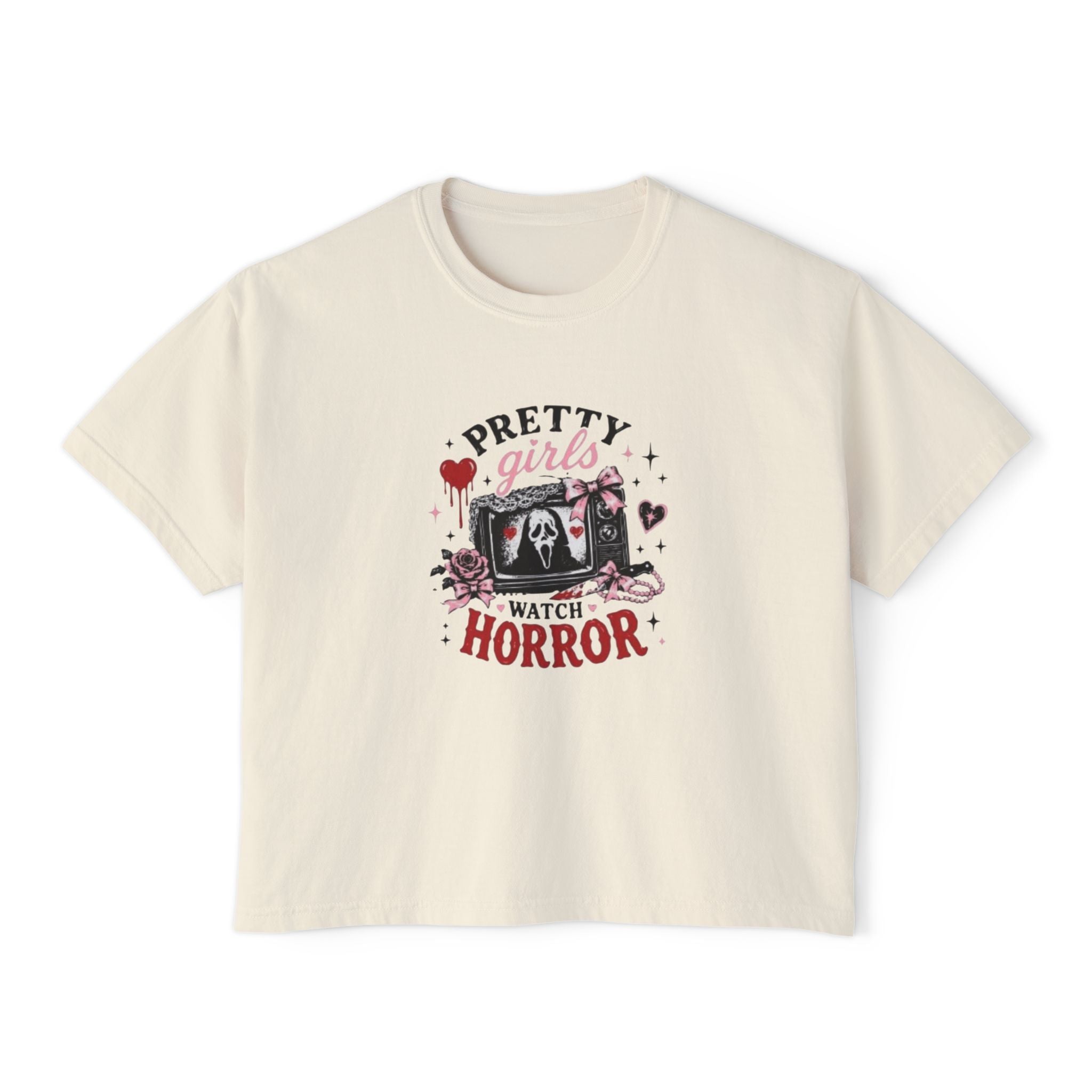 Boxy Tee — "Pretty Girls Watch Horror" Graphic Top