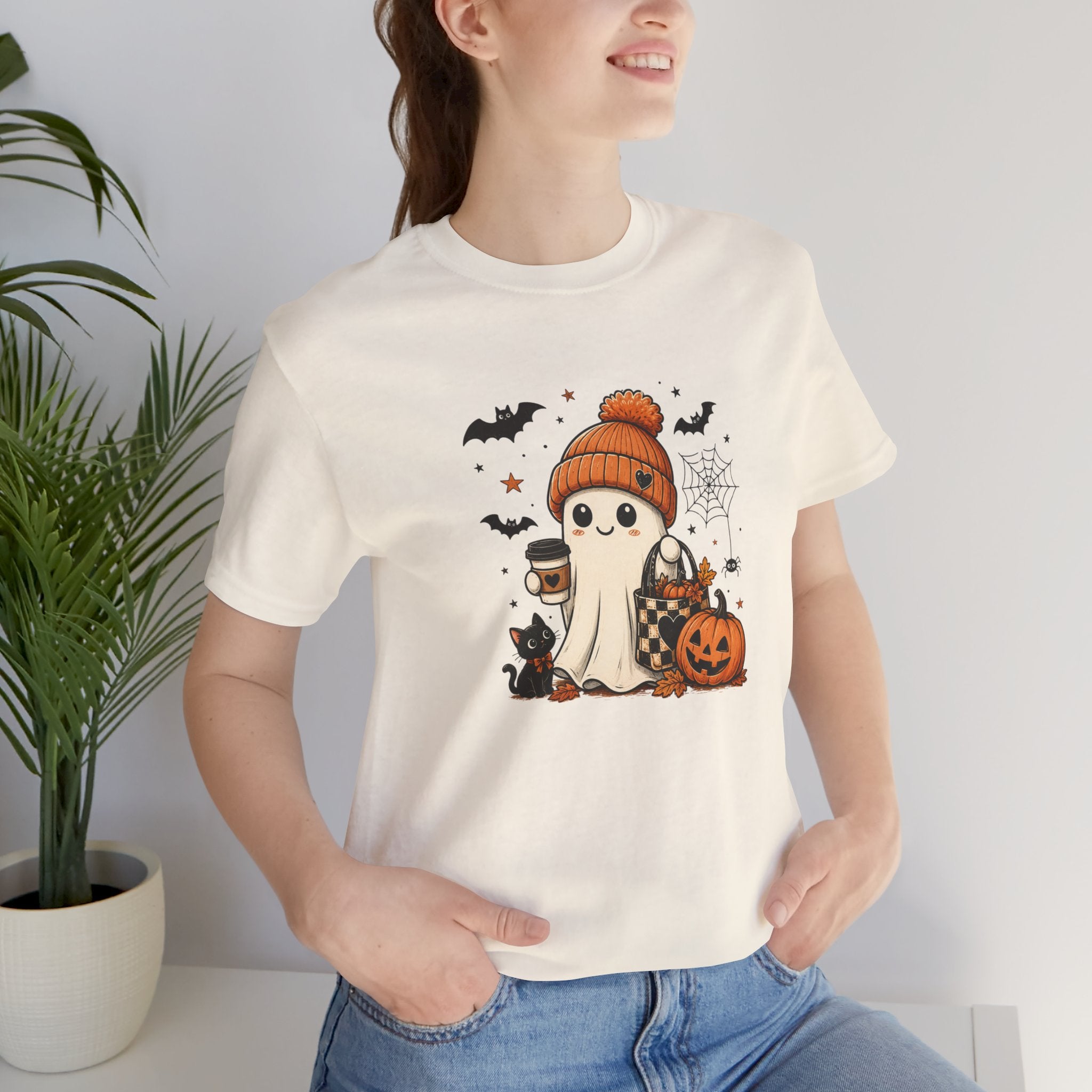 Halloween Ghost Tee – Cute Pumpkin, Black Cat & Coffee Fall Graphic T-Shirt