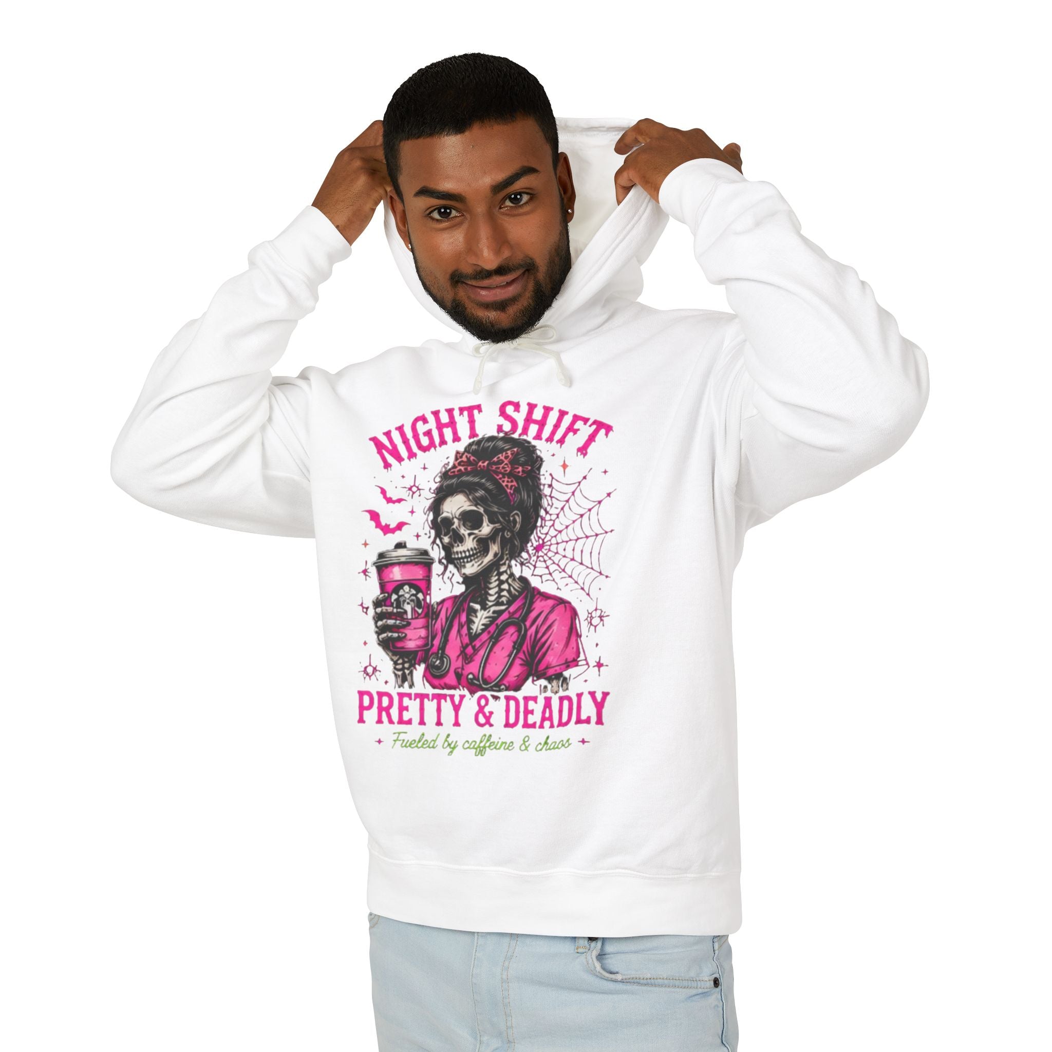 Night Shift Hoodie — "Pretty & Deadly" Skeleton Nurse Coffee Hooded Sweatshirt 1