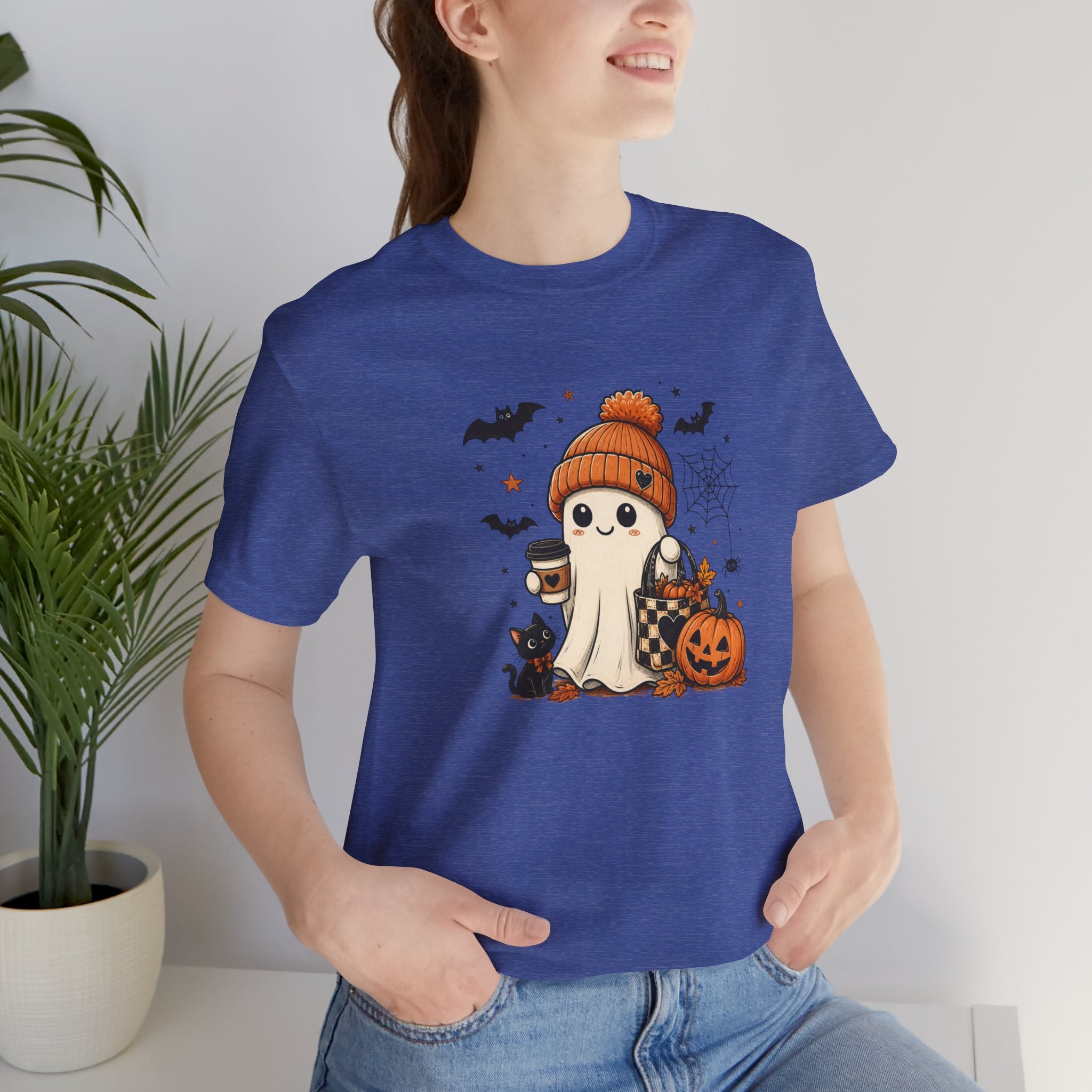 Halloween Ghost Tee – Cute Pumpkin, Black Cat & Coffee Fall Graphic T-Shirt