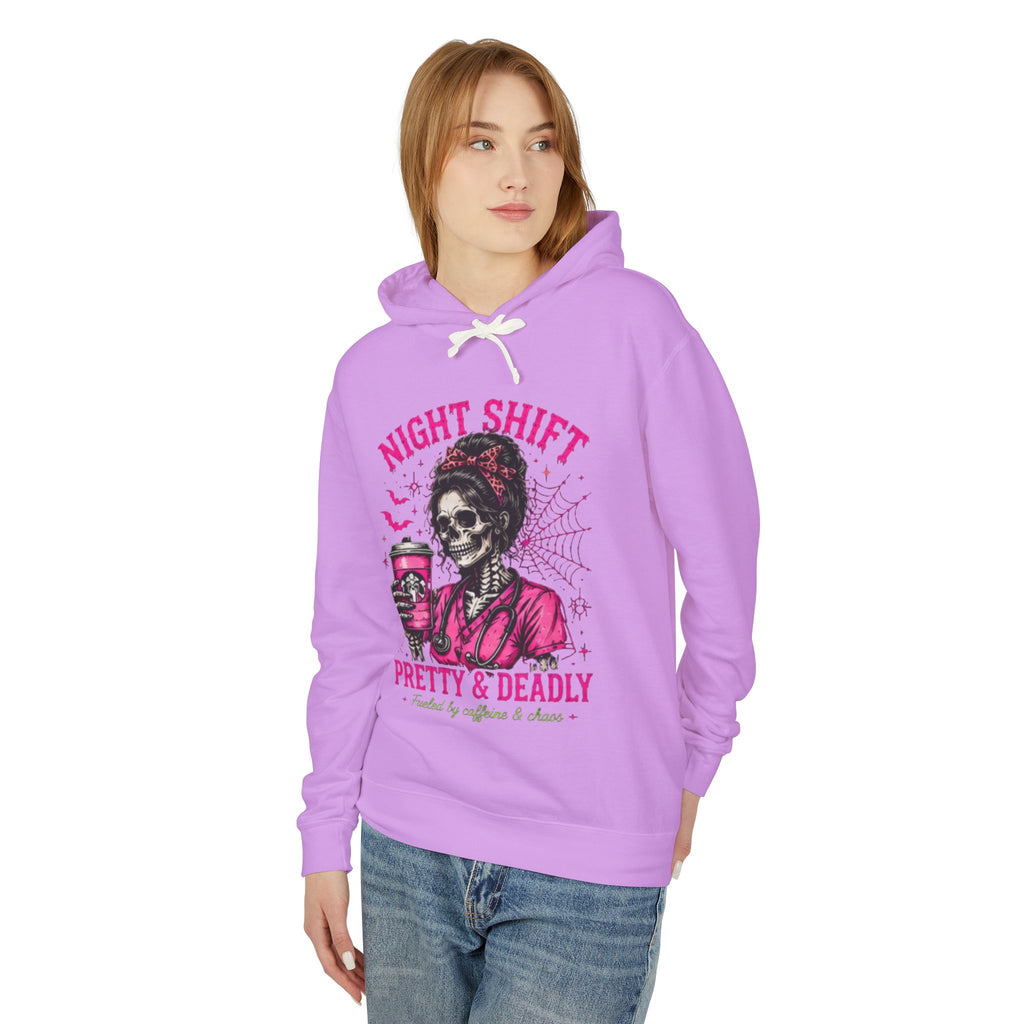 Night Shift Hoodie — "Pretty & Deadly" Skeleton Nurse Coffee Hooded Sweatshirt 1