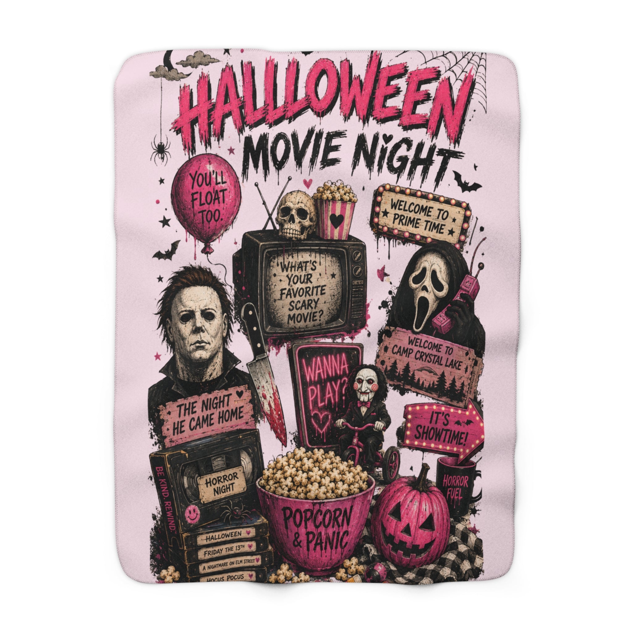 Halloween Movie Night Sherpa Blanket — Horror Movie Icons Popcorn Panic Throw