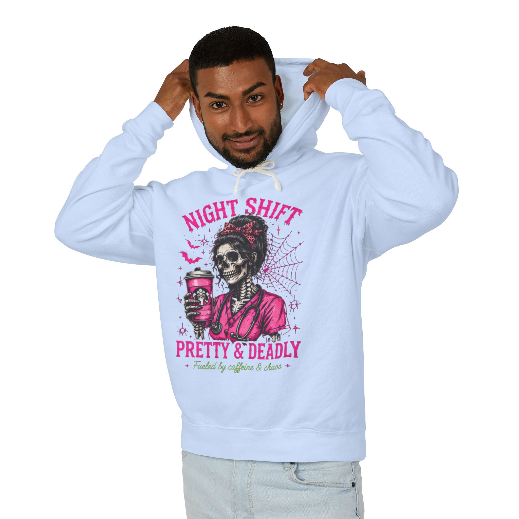 Night Shift Hoodie — "Pretty & Deadly" Skeleton Nurse Coffee Hooded Sweatshirt 1