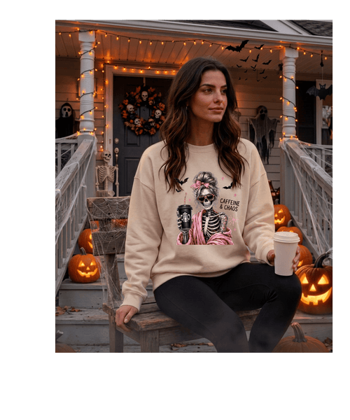 Caffeine & Chaos Skeleton Sweatshirt — Coffee Lover Goth Crewneck