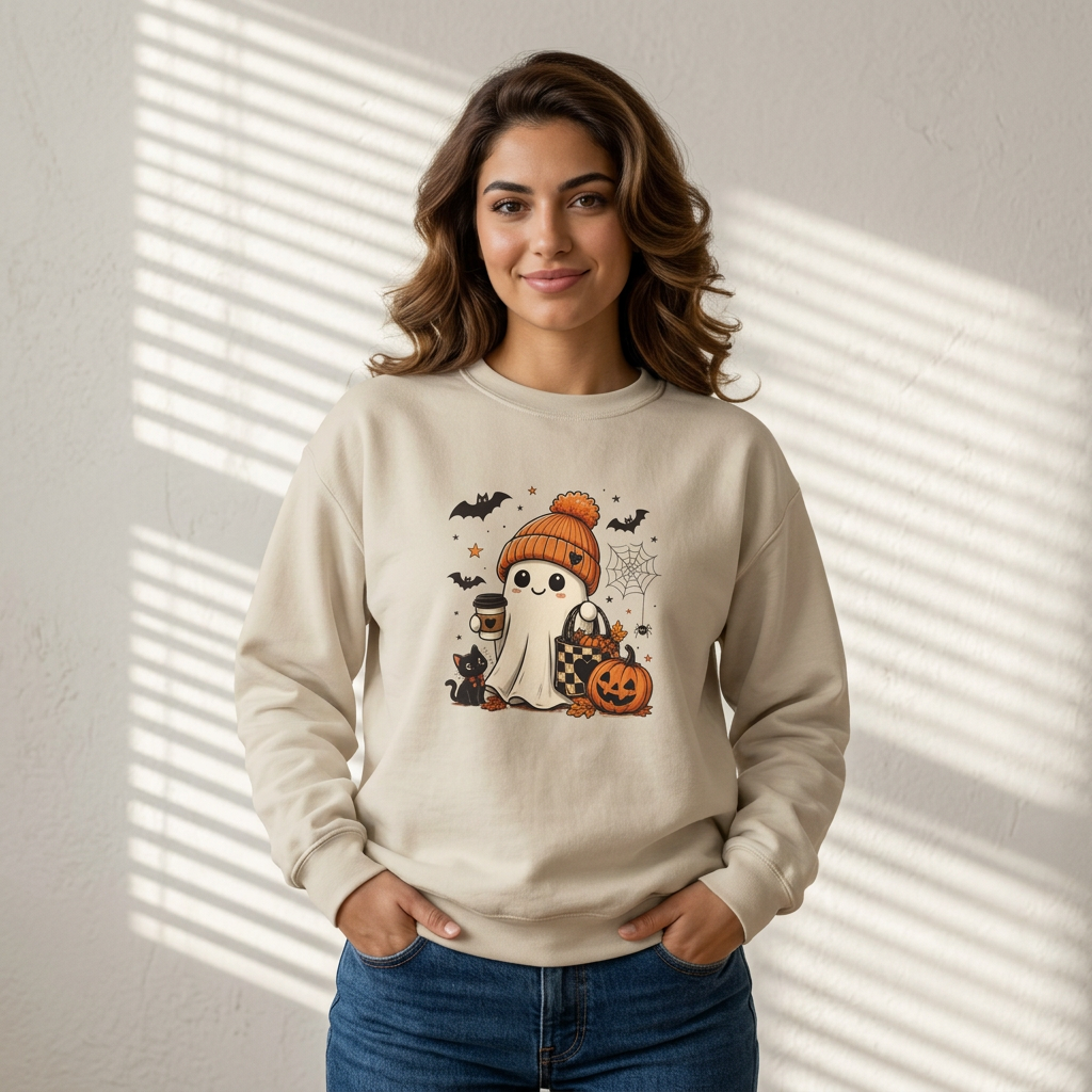Halloween Ghost Sweatshirt — Cute Ghost with Pumpkin, Cat & Coffee