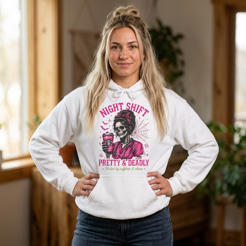 Night Shift Hoodie — "Pretty & Deadly" Skeleton Nurse Coffee Hooded Sweatshirt 1