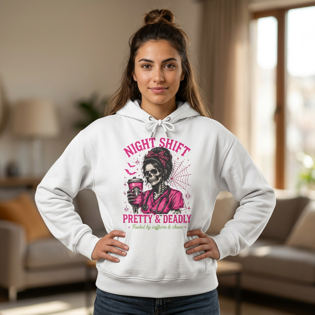 Night Shift Hoodie — "Pretty & Deadly" Skeleton Nurse Coffee Hooded Sweatshirt 1