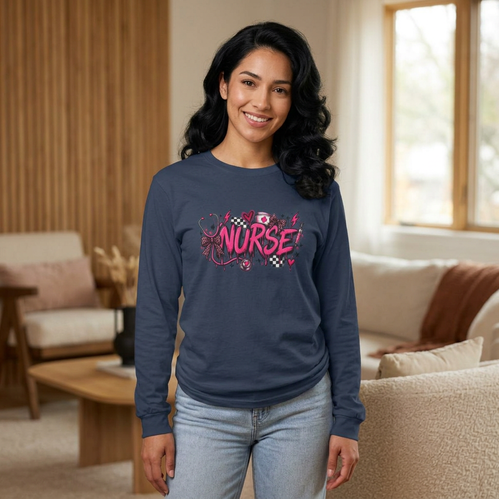 Nurse Comic-Style Long Sleeve Tee — Pink Graphic Nursing Shirt