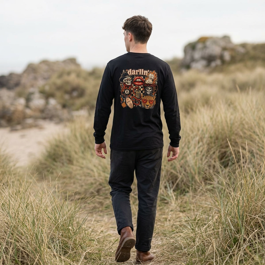 Long Sleeve Tee — Retro Cowboy Skull Graphic