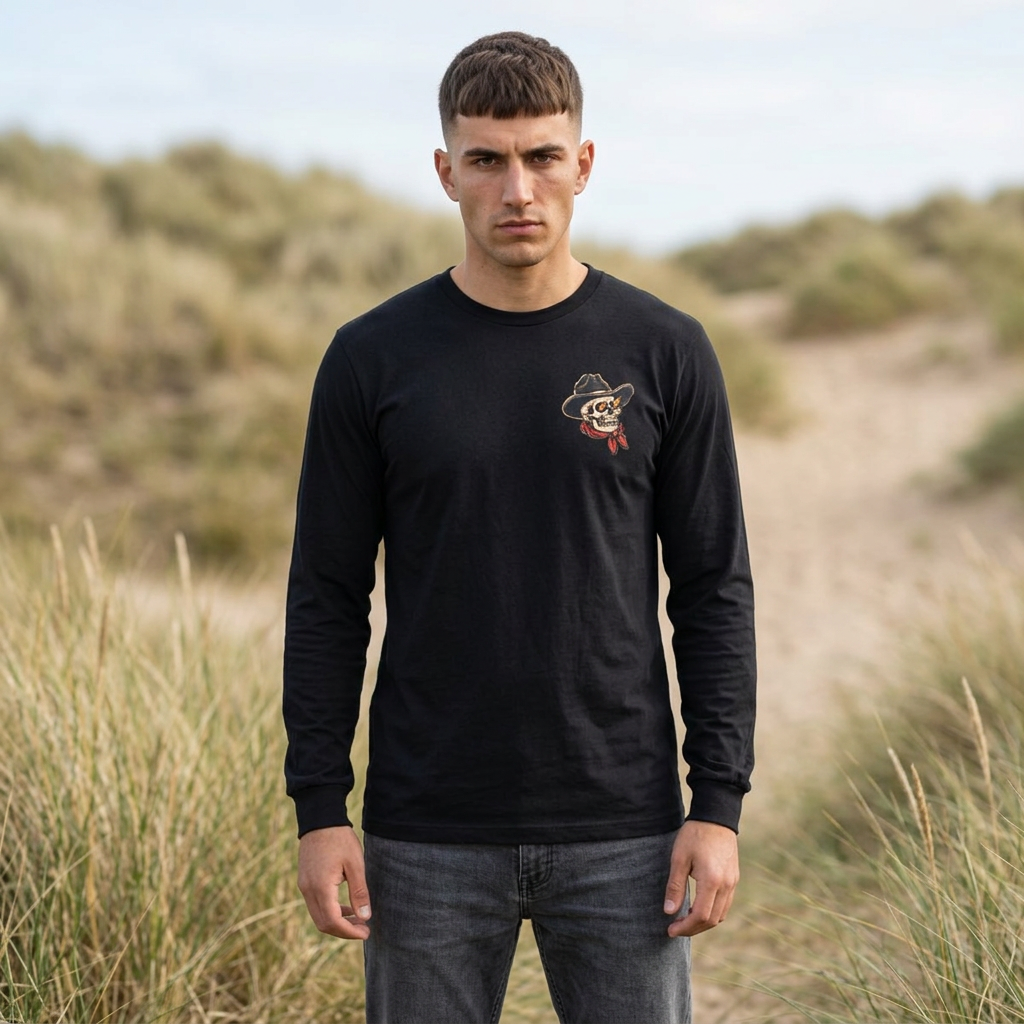 Long Sleeve Tee — Retro Cowboy Skull Graphic