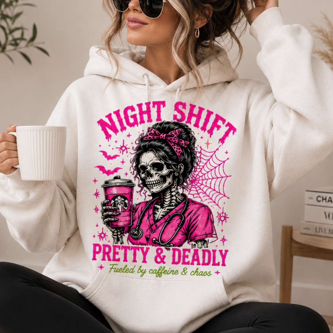 Night Shift Hoodie — "Pretty & Deadly" Skeleton Nurse Coffee Hooded Sweatshirt 1