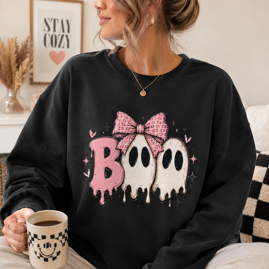 Cute 'Boo' Ghost Crewneck Sweatshirt – Pink Bow Halloween Sweatshirt
