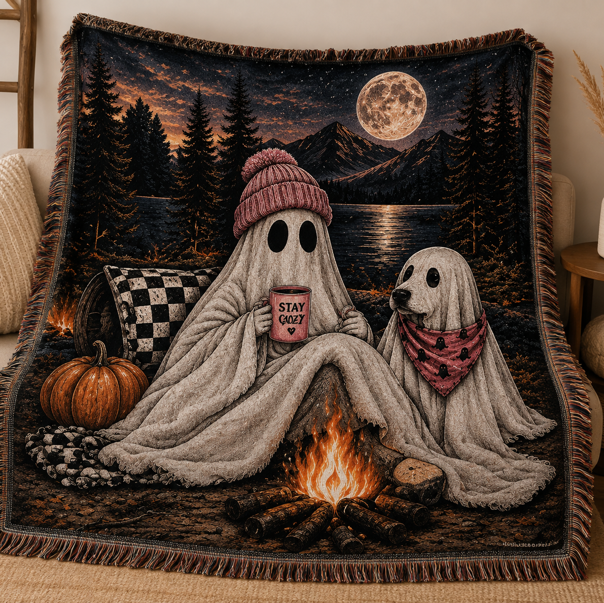 Haunted Campfire Woven Blanket — Cozy Ghosts & Moonlit Night Throw
