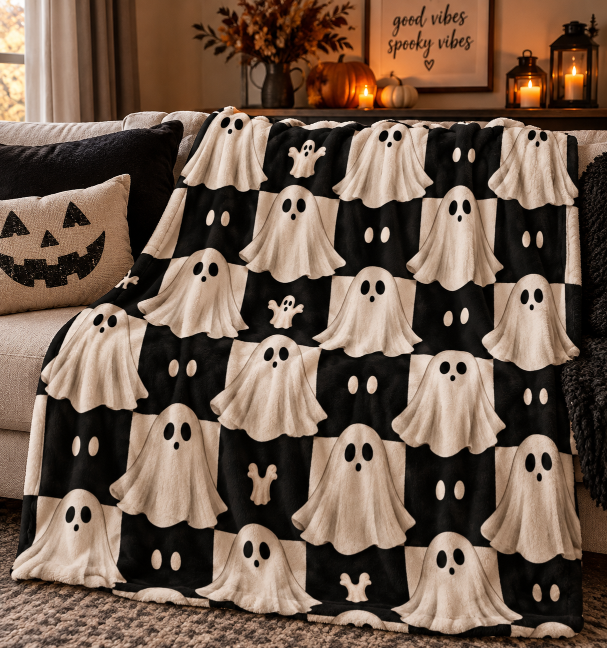 Sherpa Blanket - Cute Retro Ghost Check Halloween Fleece
