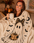 Plush Blanket — Cute Ghost with Pumpkin & Leopard Bow Halloween Throw