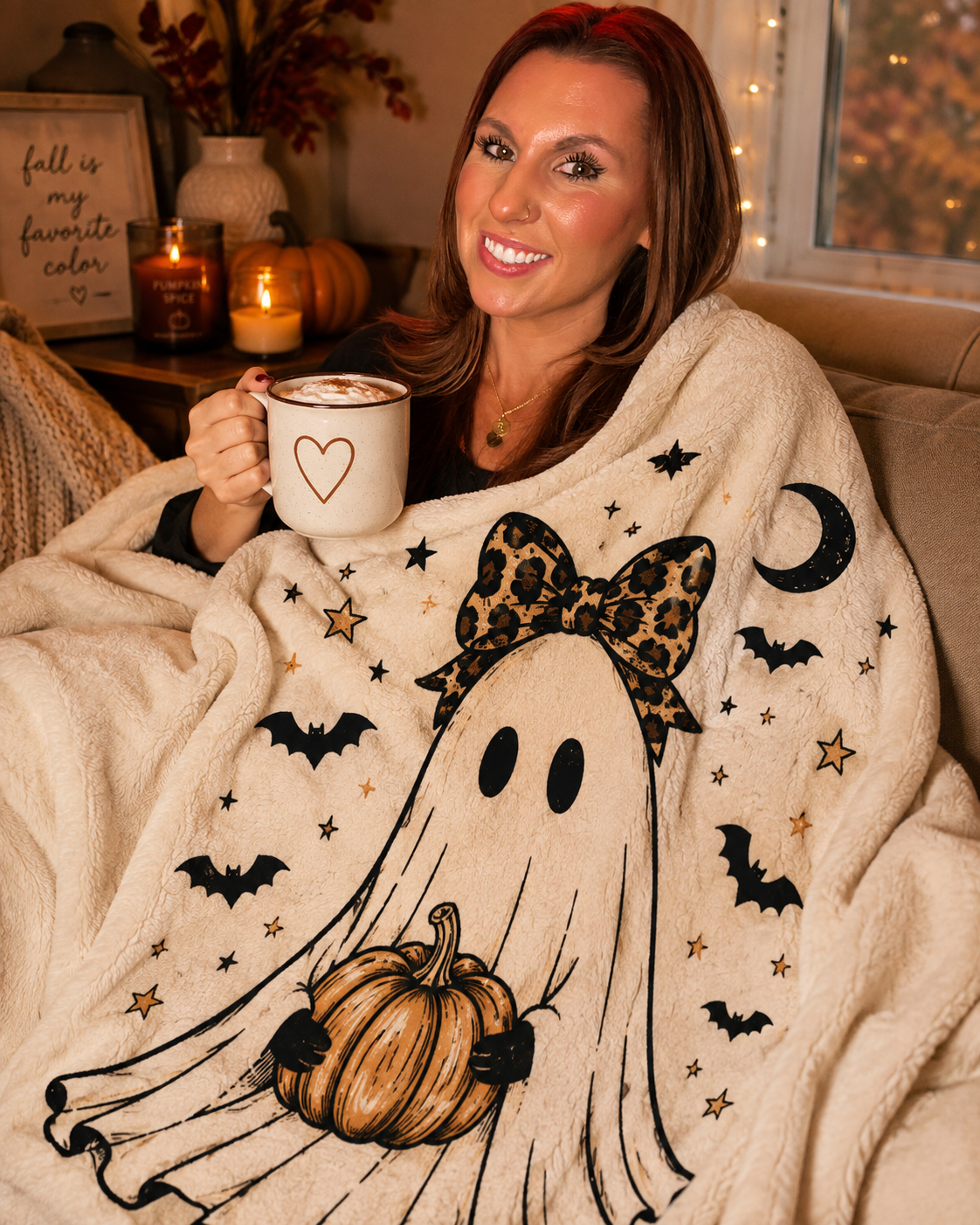 Plush Blanket — Cute Ghost with Pumpkin & Leopard Bow Halloween Throw
