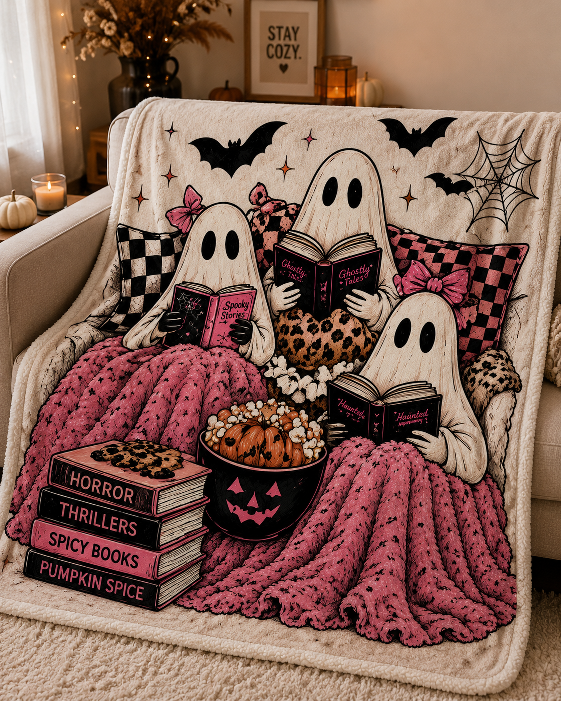 Plush Blanket — Cozy Pink Halloween Ghosts Reading Night Throw