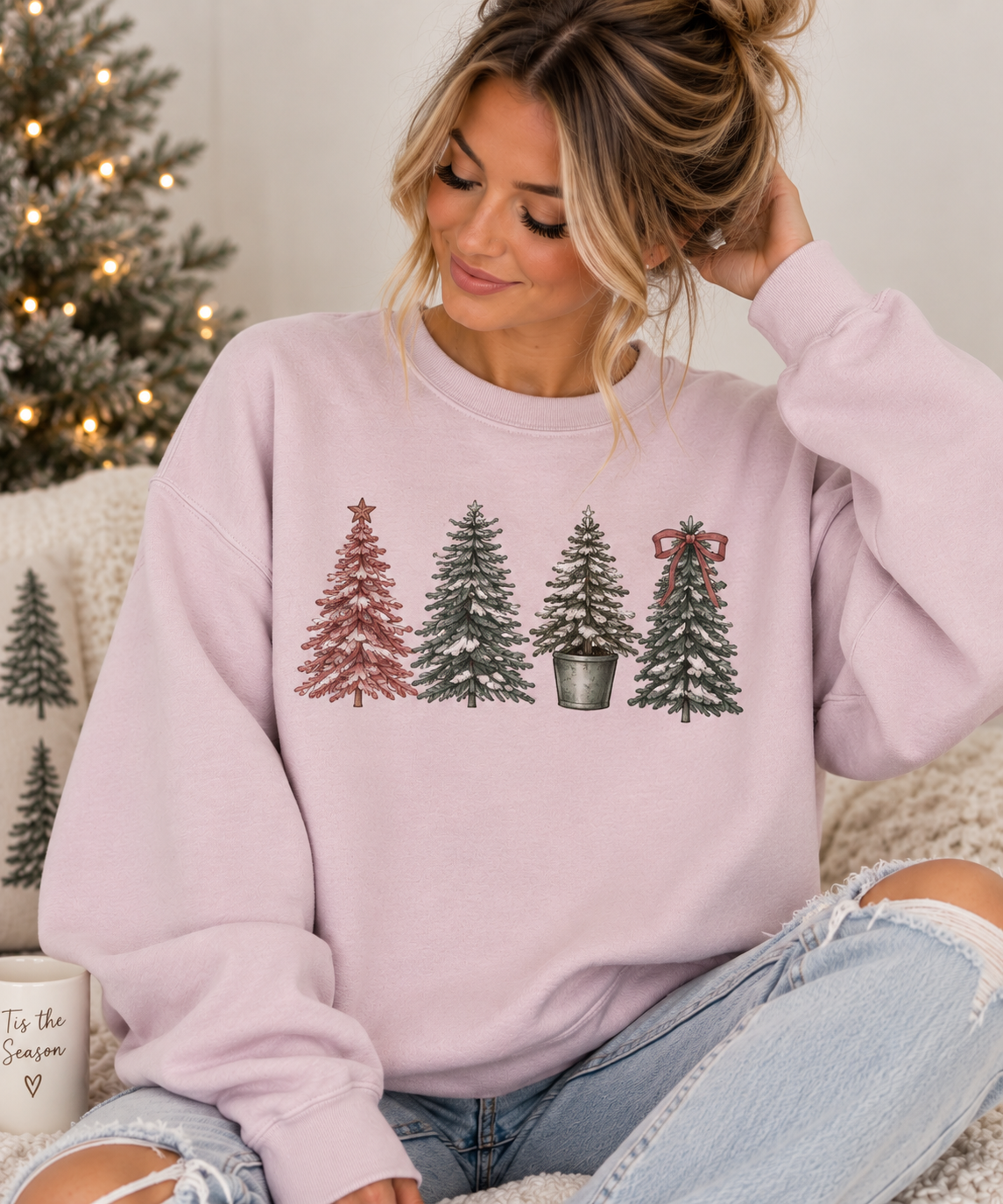 Vintage Xmas Tree Crewneck Sweatshirt — Festive Woodland Trees Design