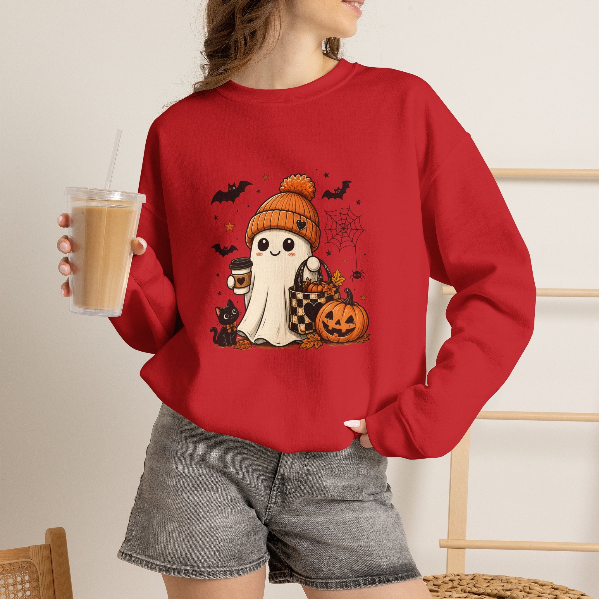 Halloween Ghost Sweatshirt — Cute Ghost with Pumpkin, Cat & Coffee