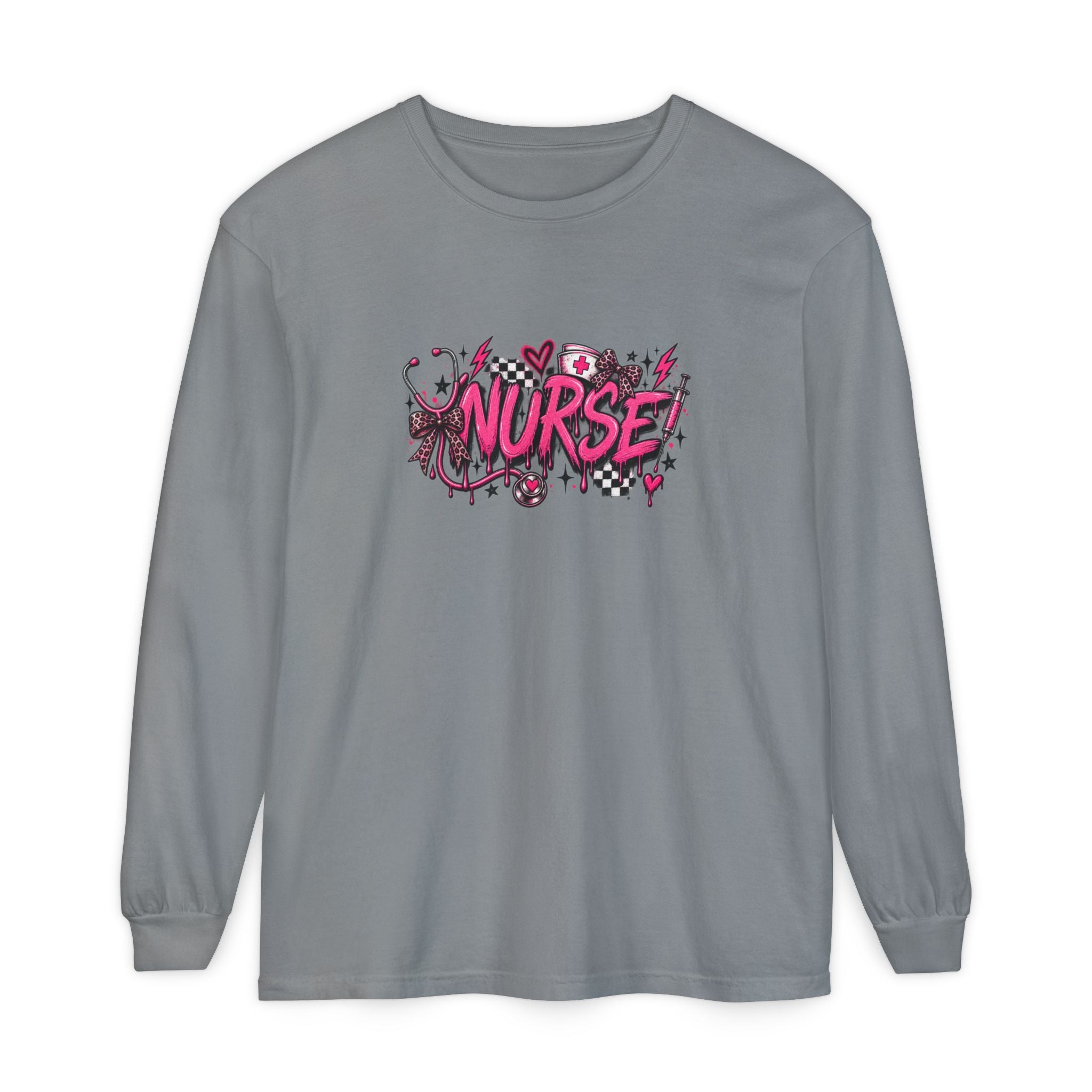 Nurse Comic-Style Long Sleeve Tee — Pink Graphic Nursing Shirt