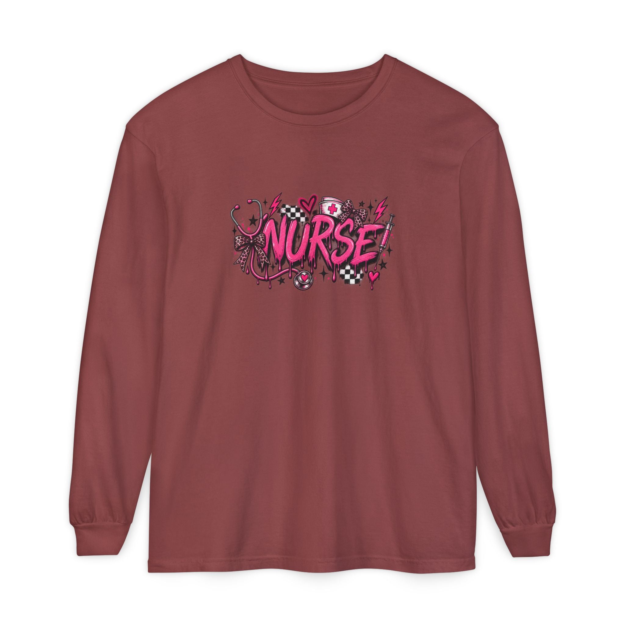 Nurse Comic-Style Long Sleeve Tee — Pink Graphic Nursing Shirt