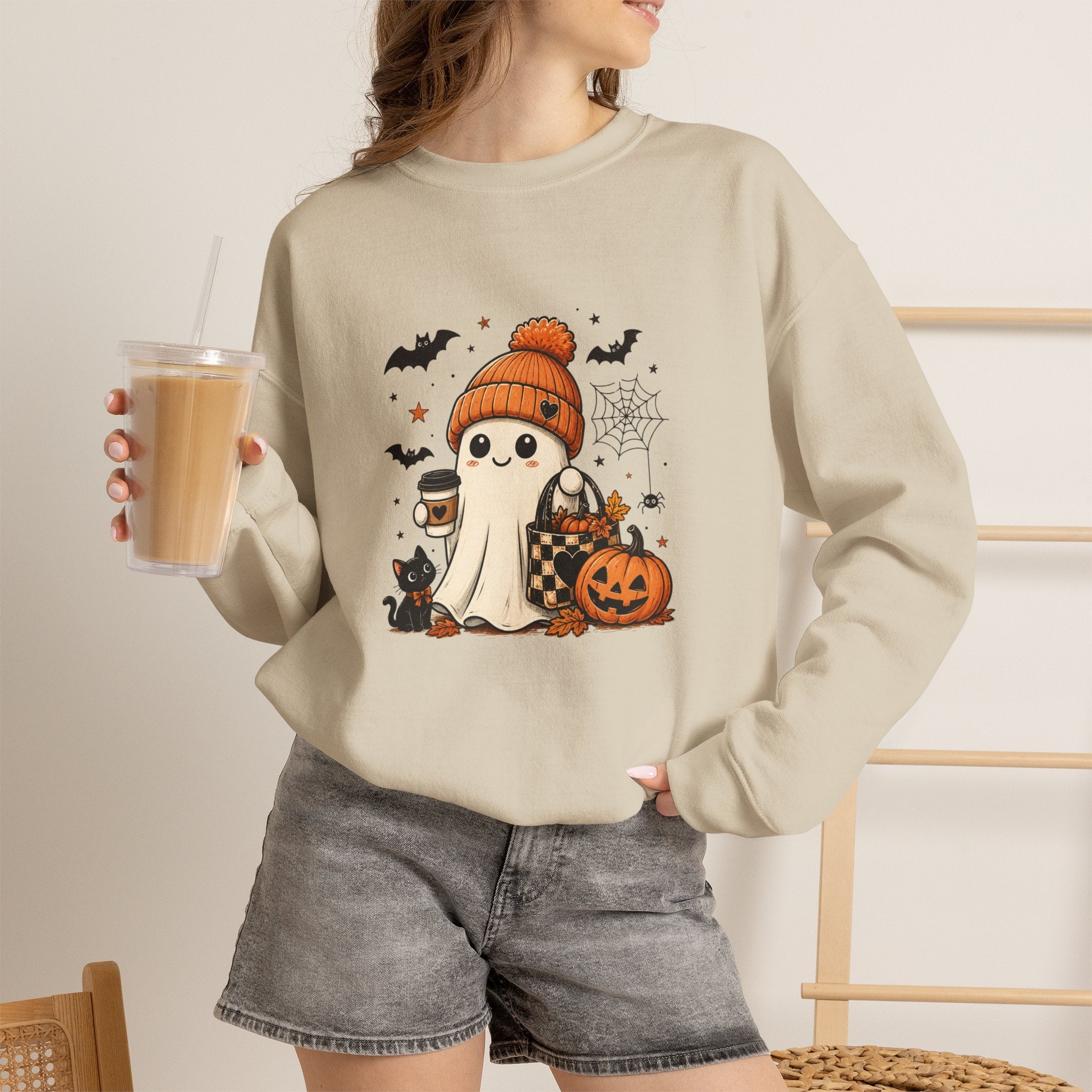 Halloween Ghost Sweatshirt — Cute Ghost with Pumpkin, Cat & Coffee