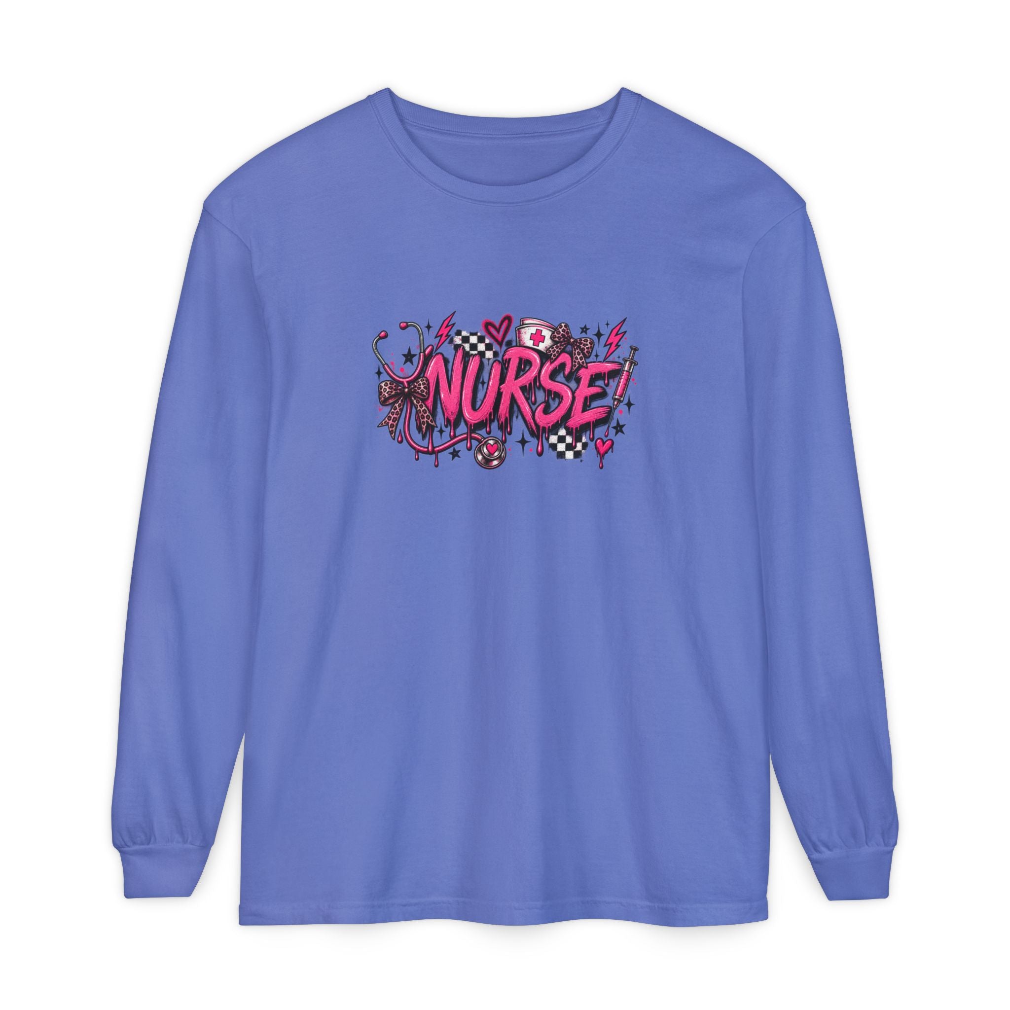 Nurse Comic-Style Long Sleeve Tee — Pink Graphic Nursing Shirt
