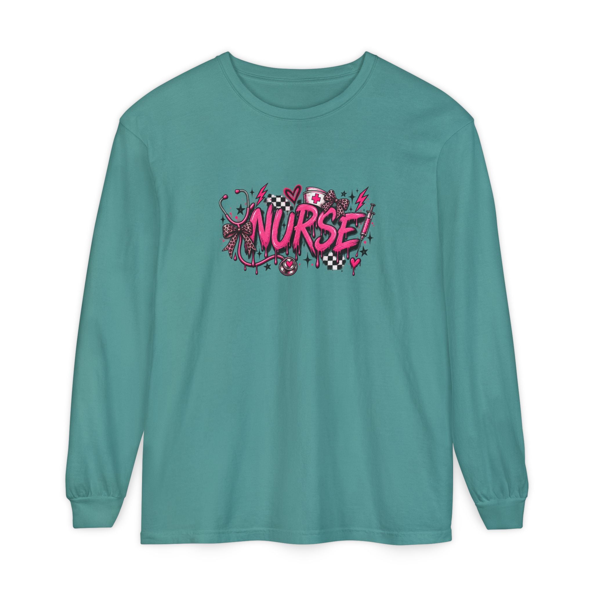 Nurse Comic-Style Long Sleeve Tee — Pink Graphic Nursing Shirt