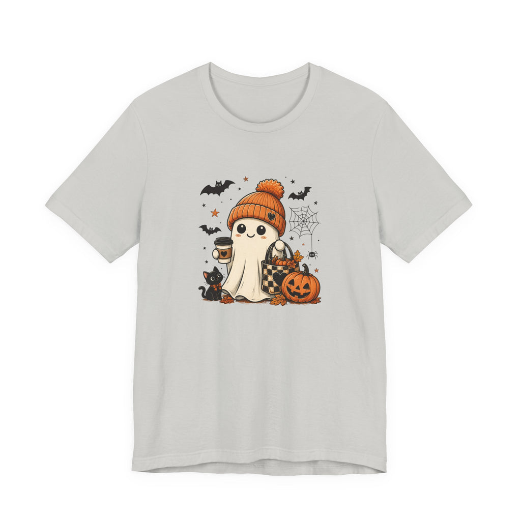 Halloween Ghost Tee – Cute Pumpkin, Black Cat & Coffee Fall Graphic T-Shirt