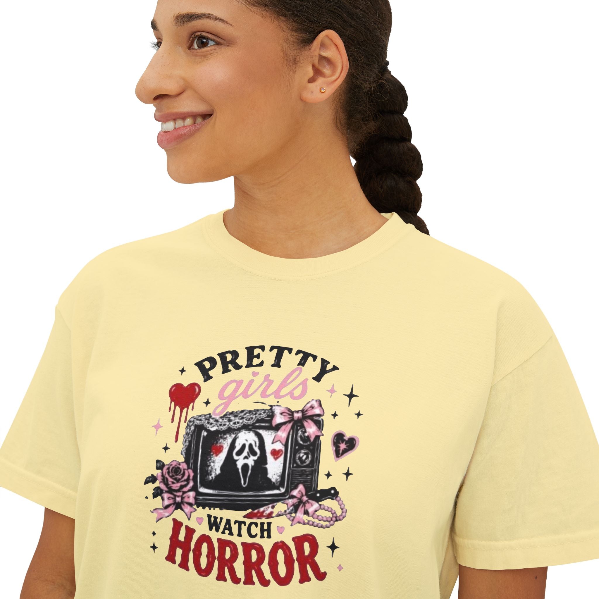 Boxy Tee — "Pretty Girls Watch Horror" Graphic Top