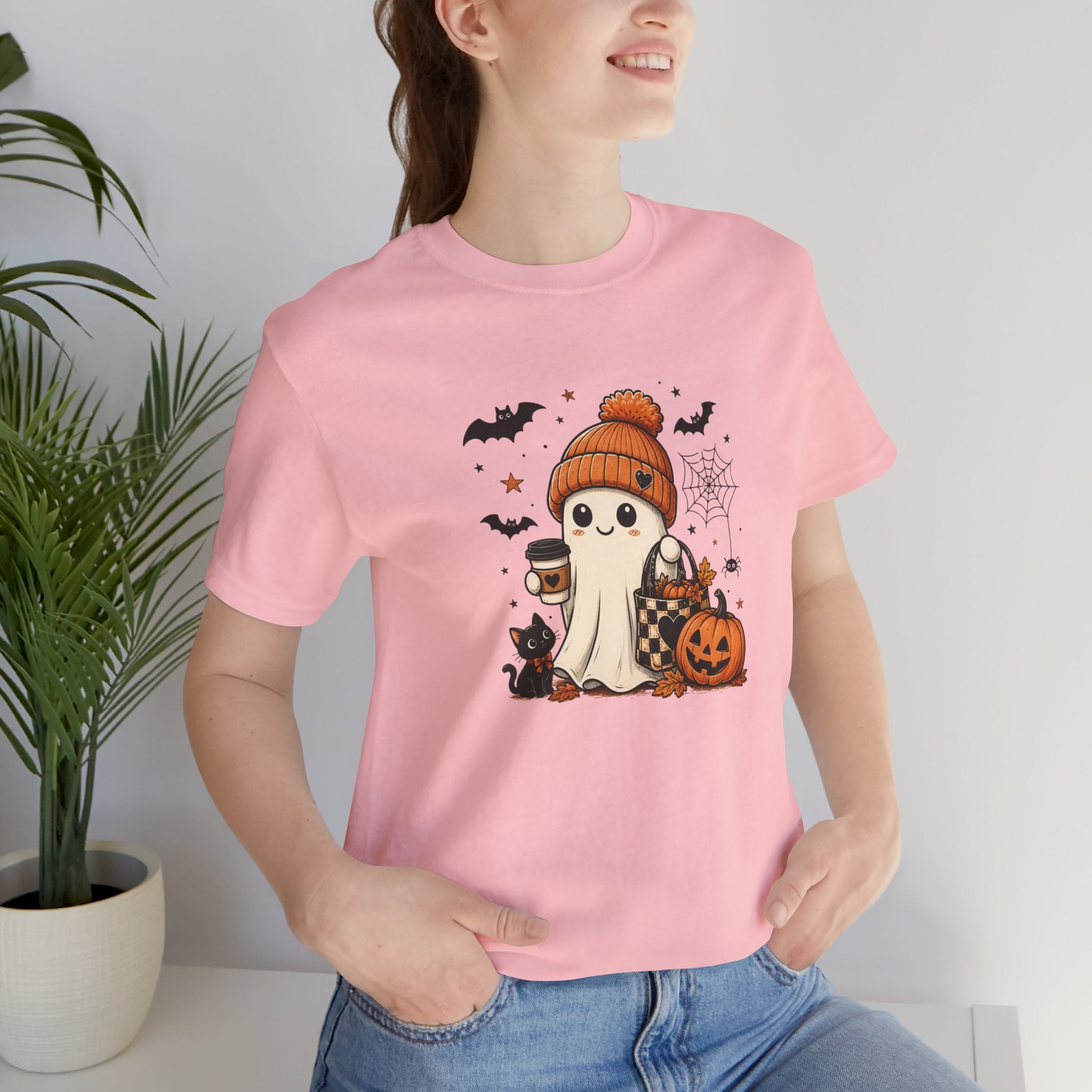Halloween Ghost Tee – Cute Pumpkin, Black Cat & Coffee Fall Graphic T-Shirt
