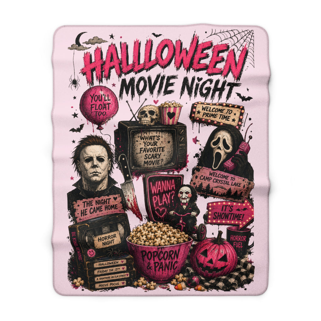 Halloween Movie Night Sherpa Blanket — Horror Movie Icons Popcorn Panic Throw