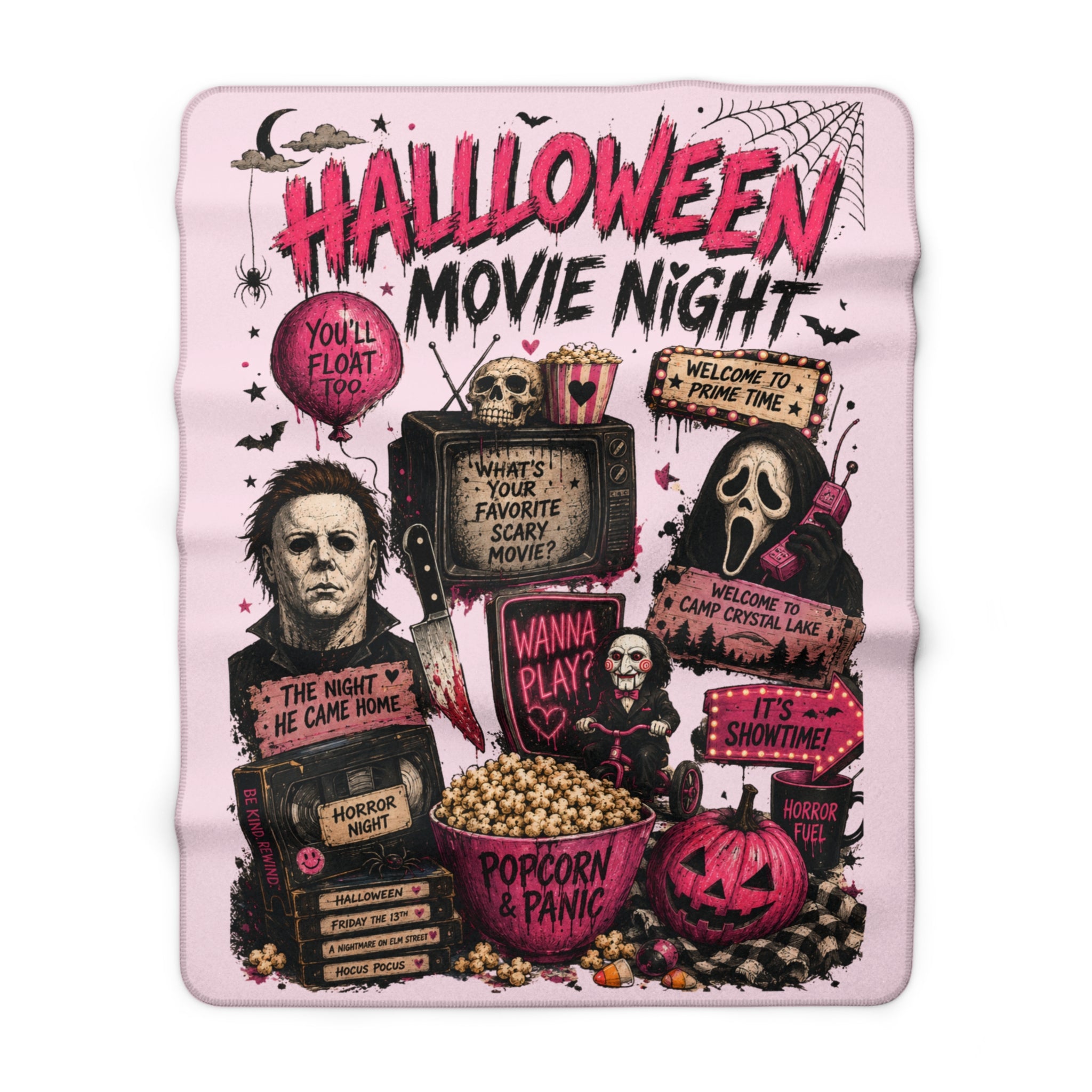 Halloween Movie Night Sherpa Blanket — Horror Movie Icons Popcorn Panic Throw
