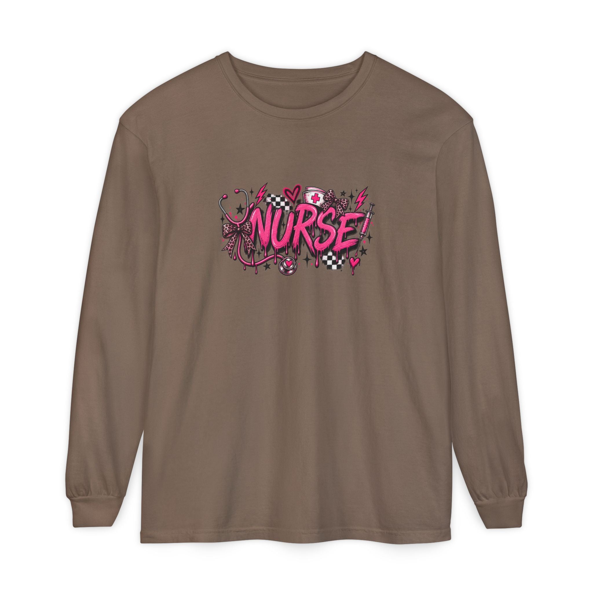 Nurse Comic-Style Long Sleeve Tee — Pink Graphic Nursing Shirt
