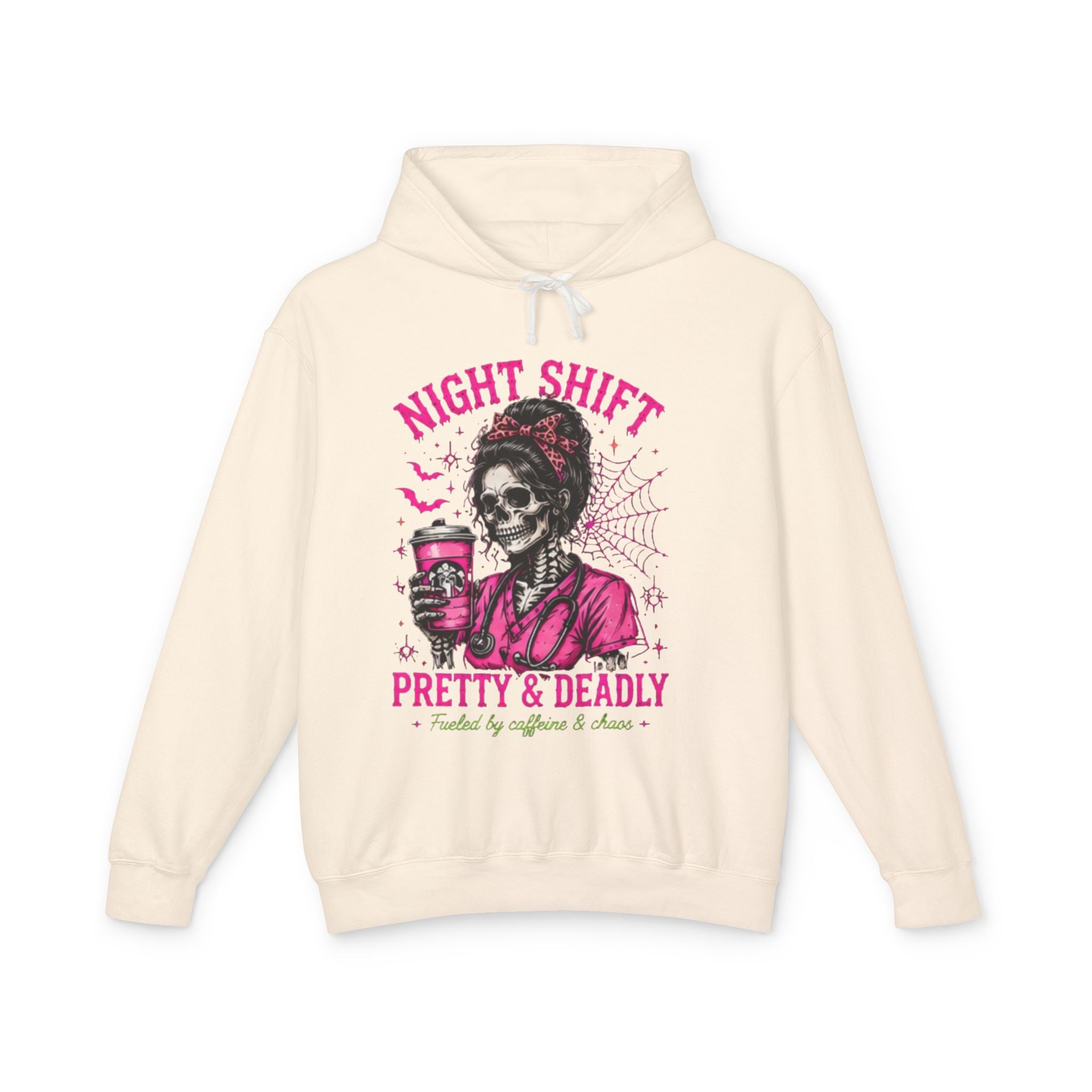 Night Shift Hoodie — "Pretty & Deadly" Skeleton Nurse Coffee Hooded Sweatshirt 1