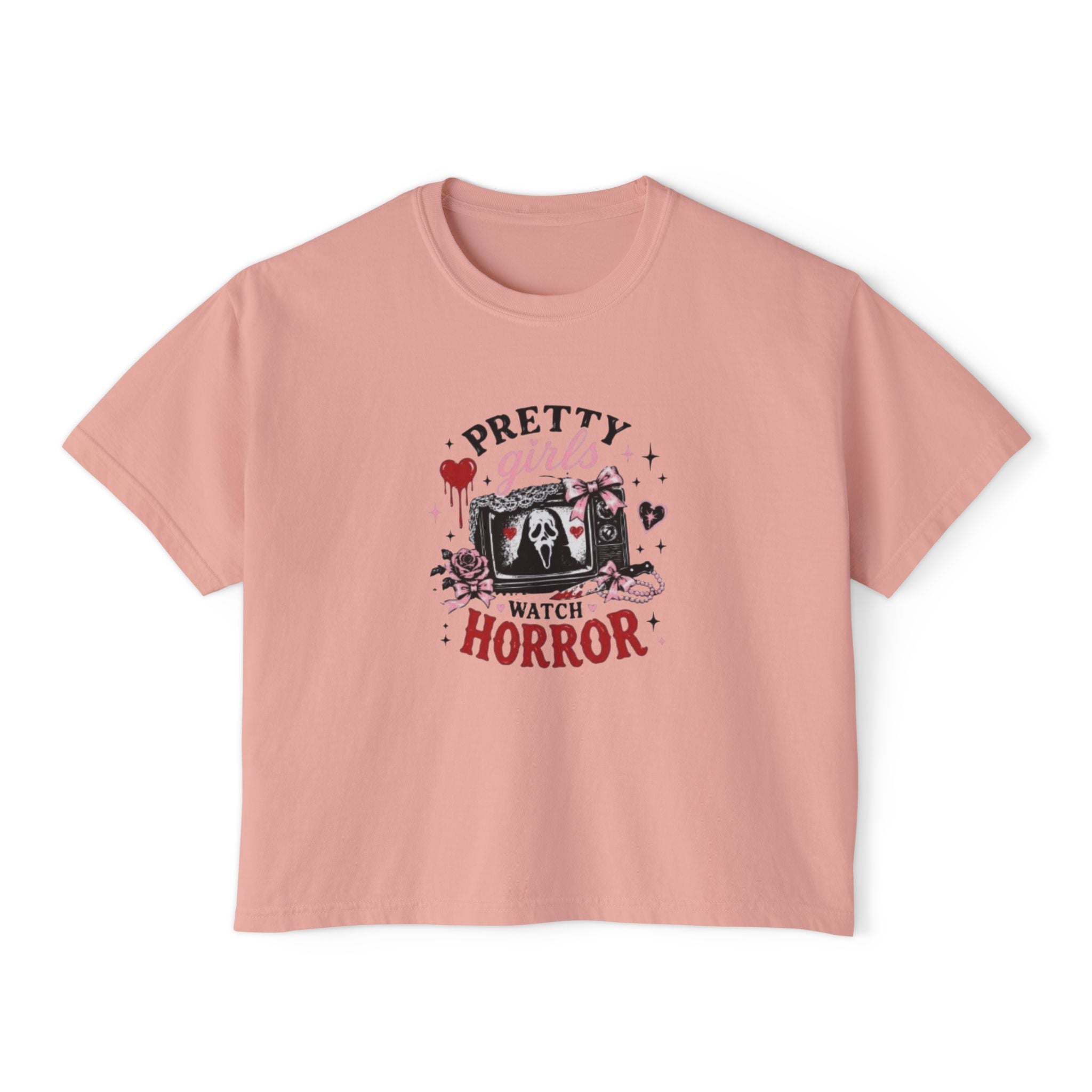 Boxy Tee — "Pretty Girls Watch Horror" Graphic Top
