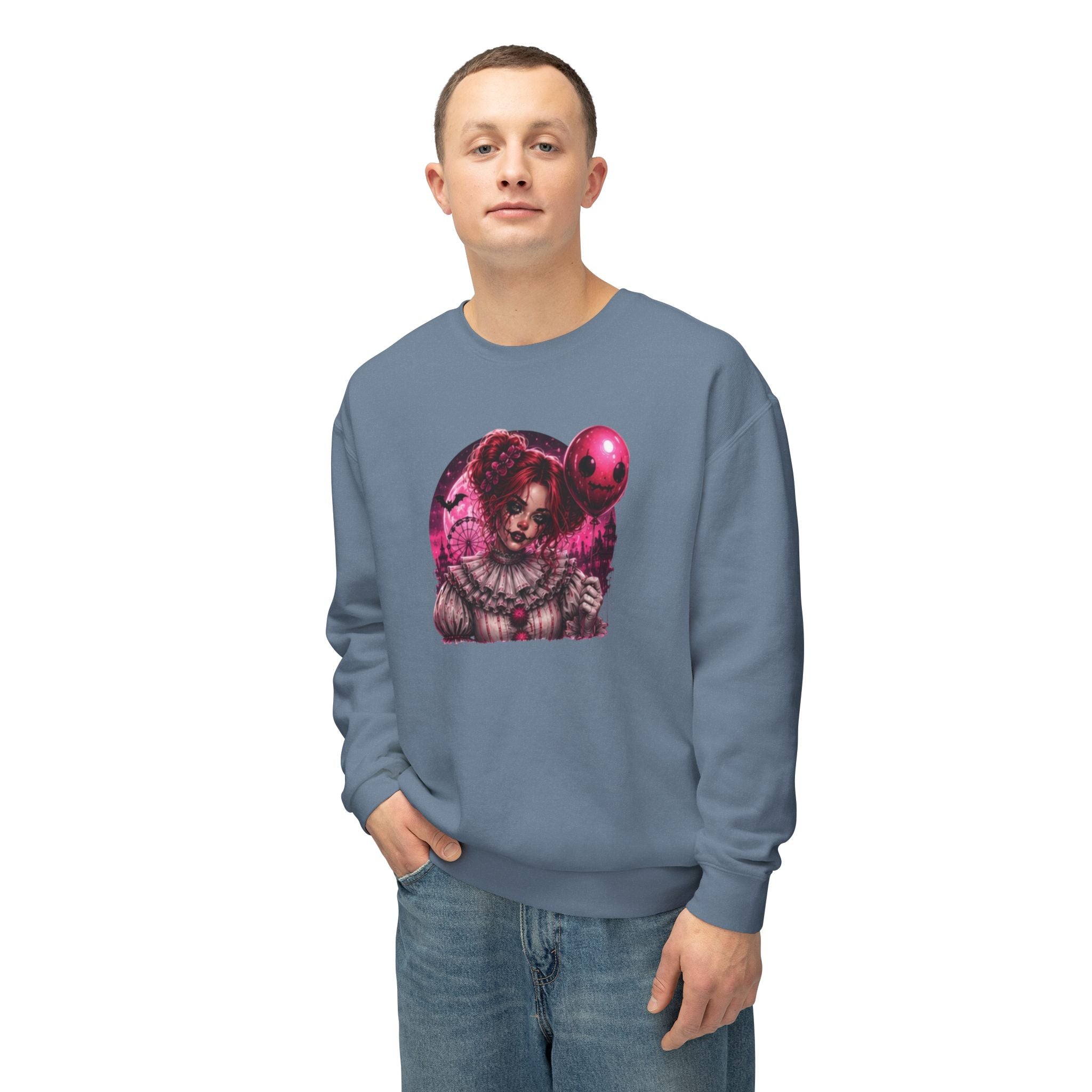Creepy Clown Portrait Sweatshirt — Gothic Pink Horror Crewneck