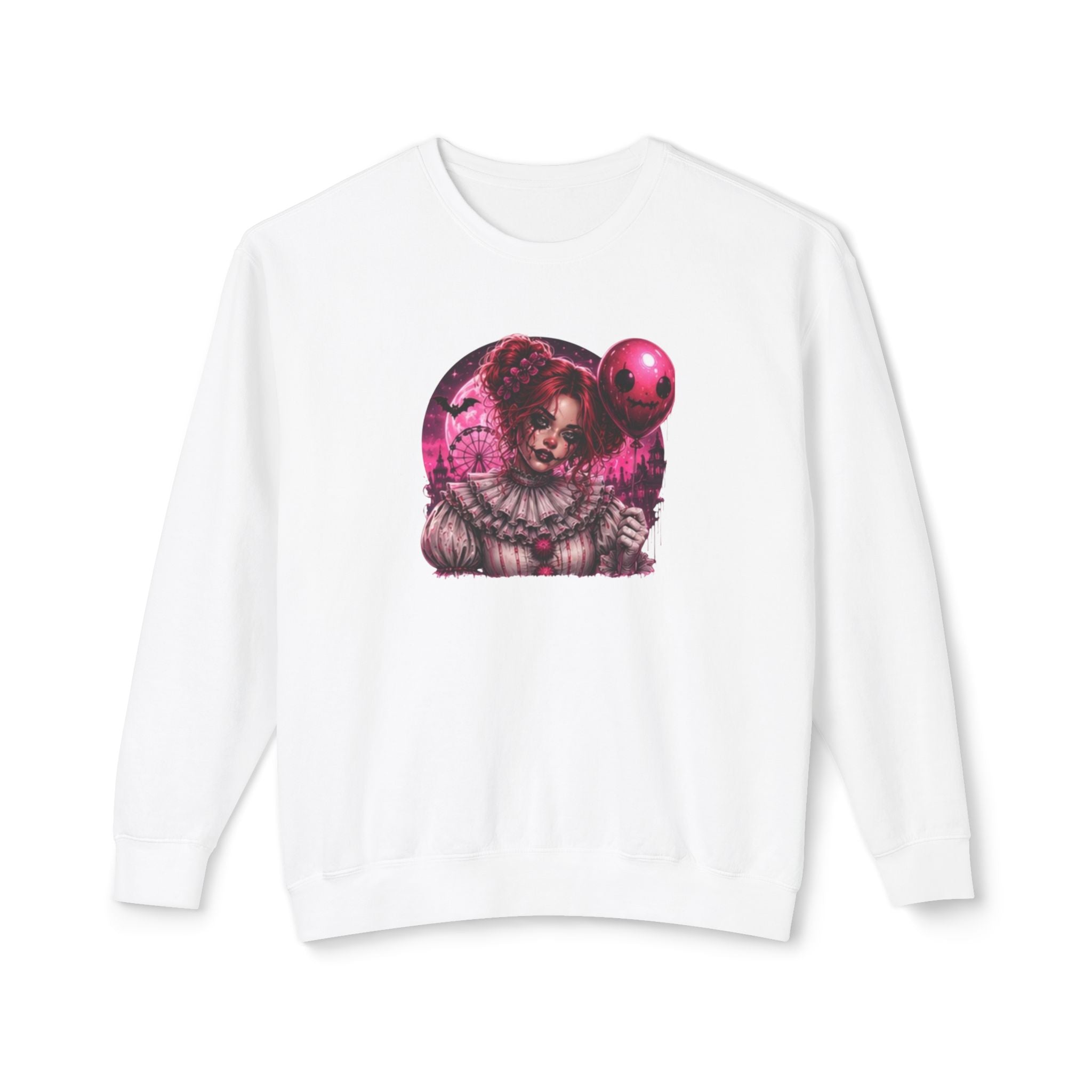Creepy Clown Portrait Sweatshirt — Gothic Pink Horror Crewneck