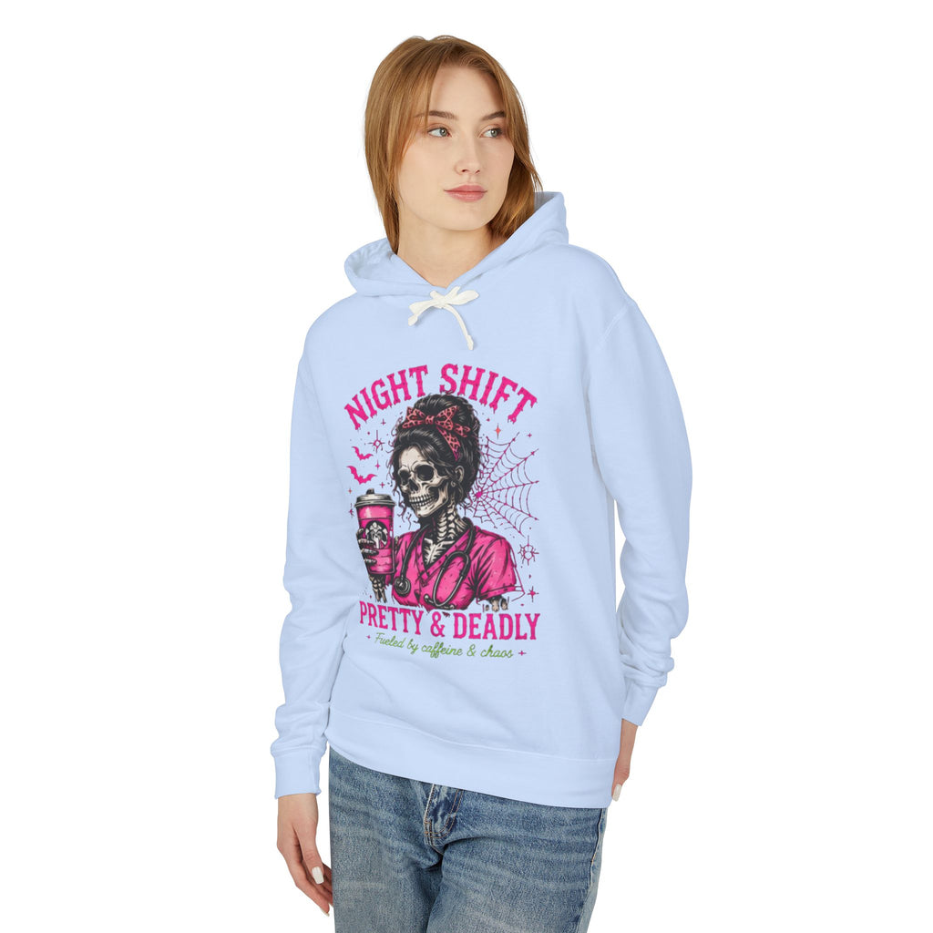 Night Shift Hoodie — "Pretty & Deadly" Skeleton Nurse Coffee Hooded Sweatshirt 1
