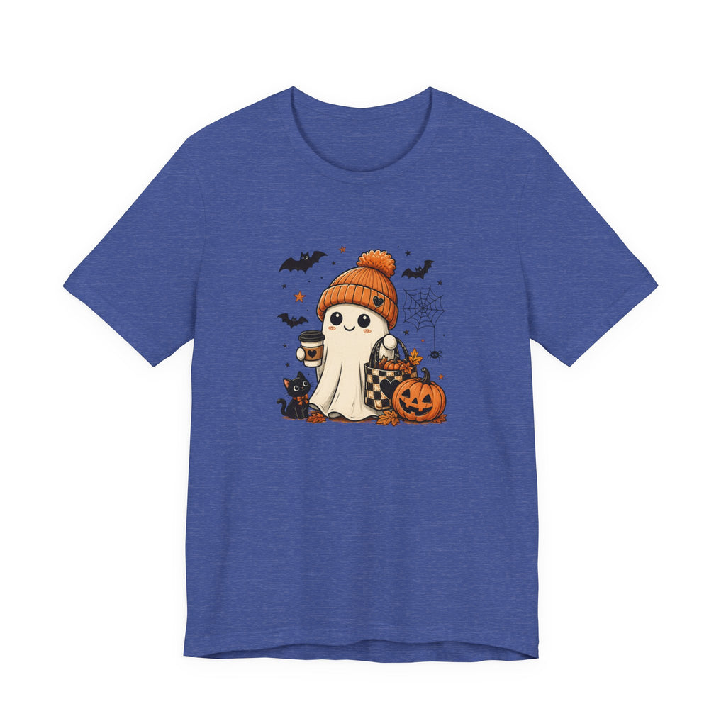 Halloween Ghost Tee – Cute Pumpkin, Black Cat & Coffee Fall Graphic T-Shirt