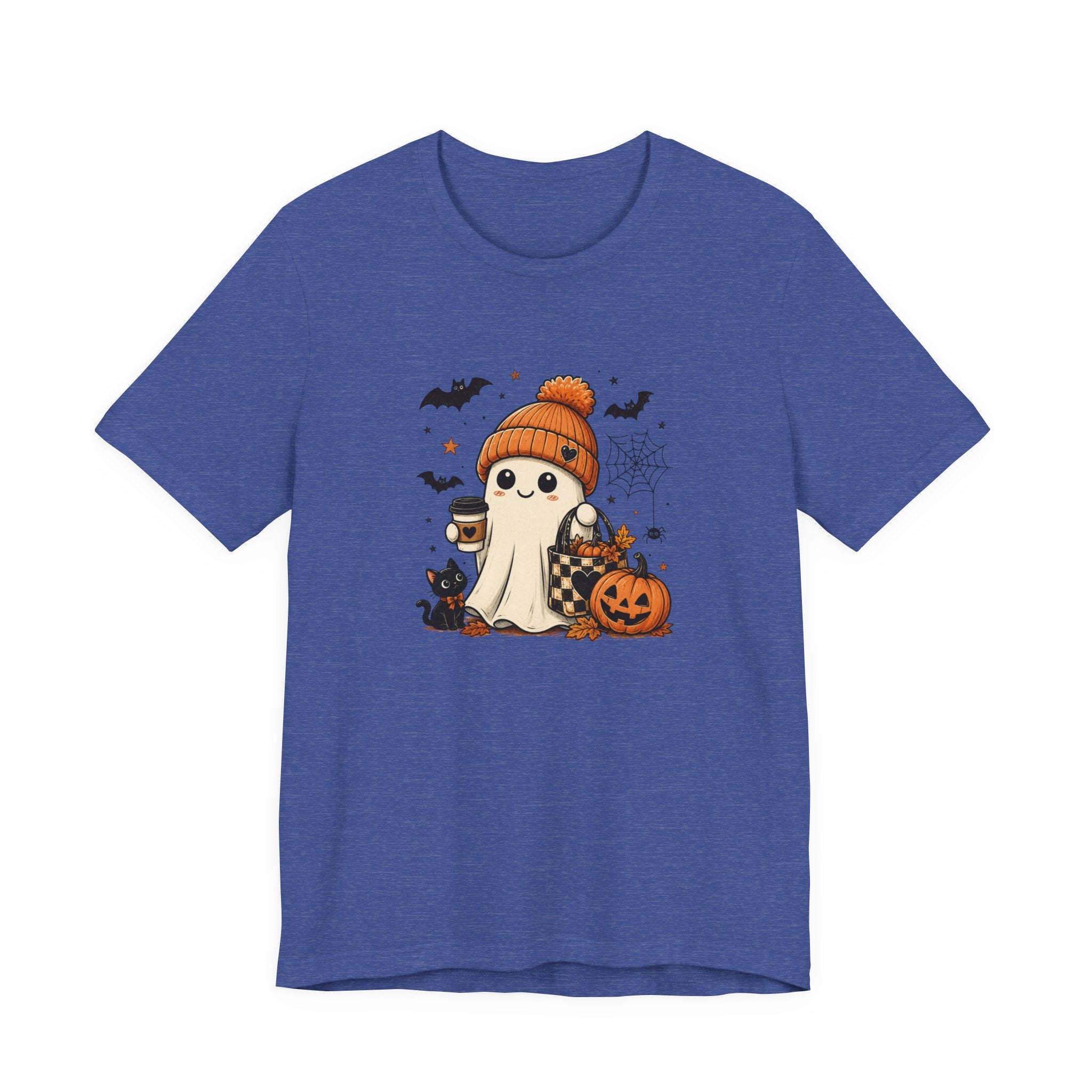 Halloween Ghost Tee – Cute Pumpkin, Black Cat & Coffee Fall Graphic T-Shirt